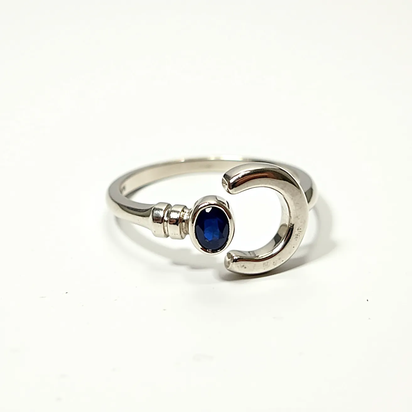 This horseshoe ring features a sleek metallic band, likely made of silver or white gold, with a prominent horseshoe design integrated into it. Adjacent to the horseshoe is a captivating oval-shaped blue gemstone, which appears to be a sapphire, set within a polished bezel setting that enhances its deep hue and brilliance. The ring showcases meticulous craftsmanship with smooth surfaces and polished finishes, lending it an elegant and contemporary aesthetic. The overall design combines a touch of whimsy with classic elegance, ideal for both everyday wear and special occasions.