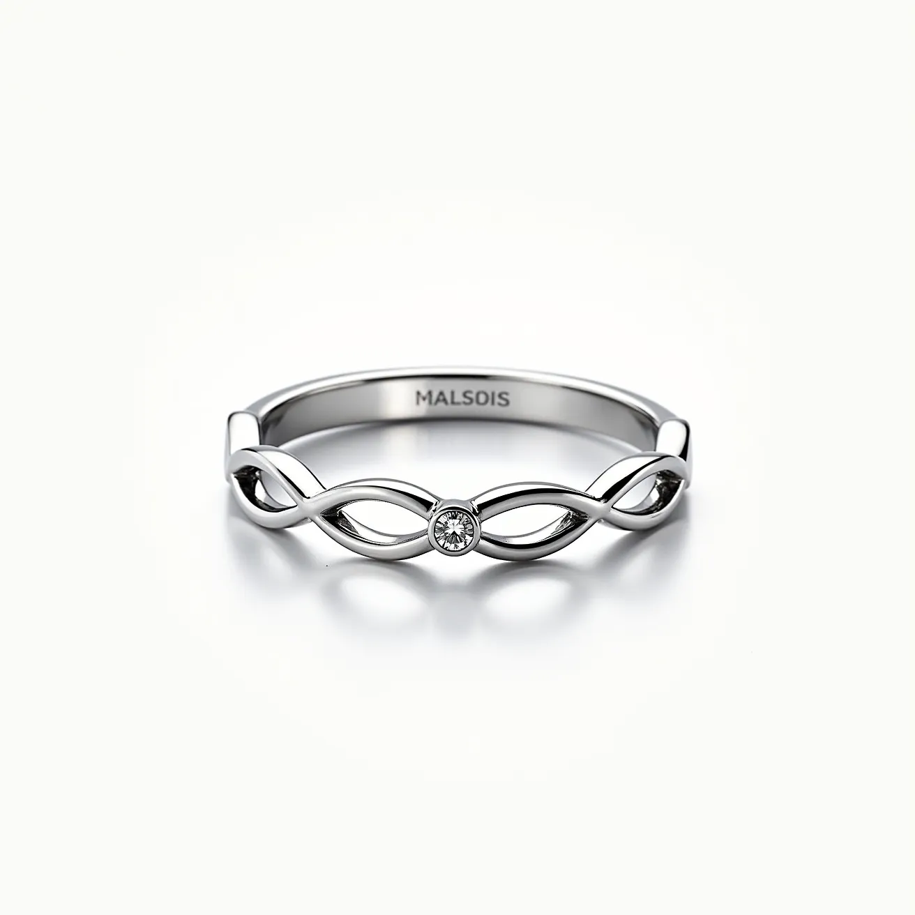 This infinity ring is crafted from polished metal, likely white gold or platinum, featuring a sleek and elegant design. The centerpiece is a single round-cut gemstone secured in a bezel setting, providing a sophisticated touch. The continuous loop design of the infinity symbol is complemented by the high-shine finish, enhancing the overall elegance of the piece. This ring lacks any additional clasps or attachments, focusing on the seamless and symbolic nature of its design.