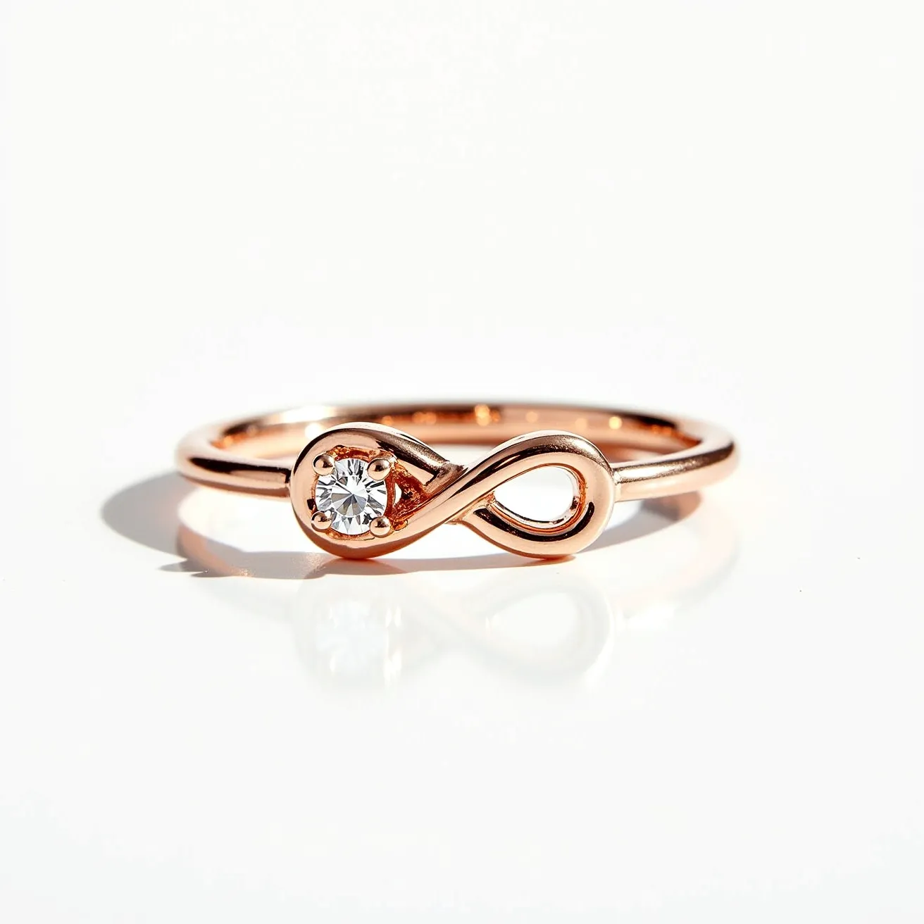 This infinity ring is crafted from rose gold, featuring a polished band that forms the shape of the infinity symbol. At the center of the infinity loop is a single round-cut diamond, securely held in place by a classic prong setting, which enhances the stone’s brilliance. The ring has a seamless design without any clasps or attachments, emphasizing the continuity and elegance symbolic of infinity.