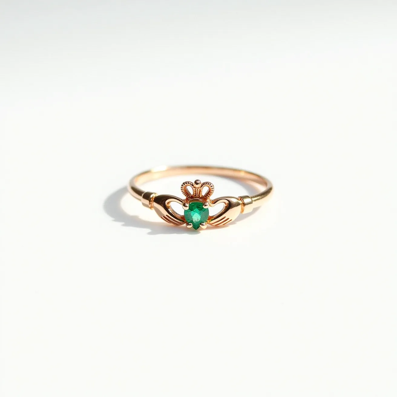 This Irish promise ring features a traditional Claddagh design crafted from gold. The band elegantly forms the shape of two hands holding a heart, topped with a crown, symbolizing love, friendship, and loyalty. At the center, a green gemstone, likely an emerald, is set in a simple, secure prong setting, adding a vibrant touch. The delicate gold band complements the centerpiece, making it a timeless piece of jewelry that represents commitment.