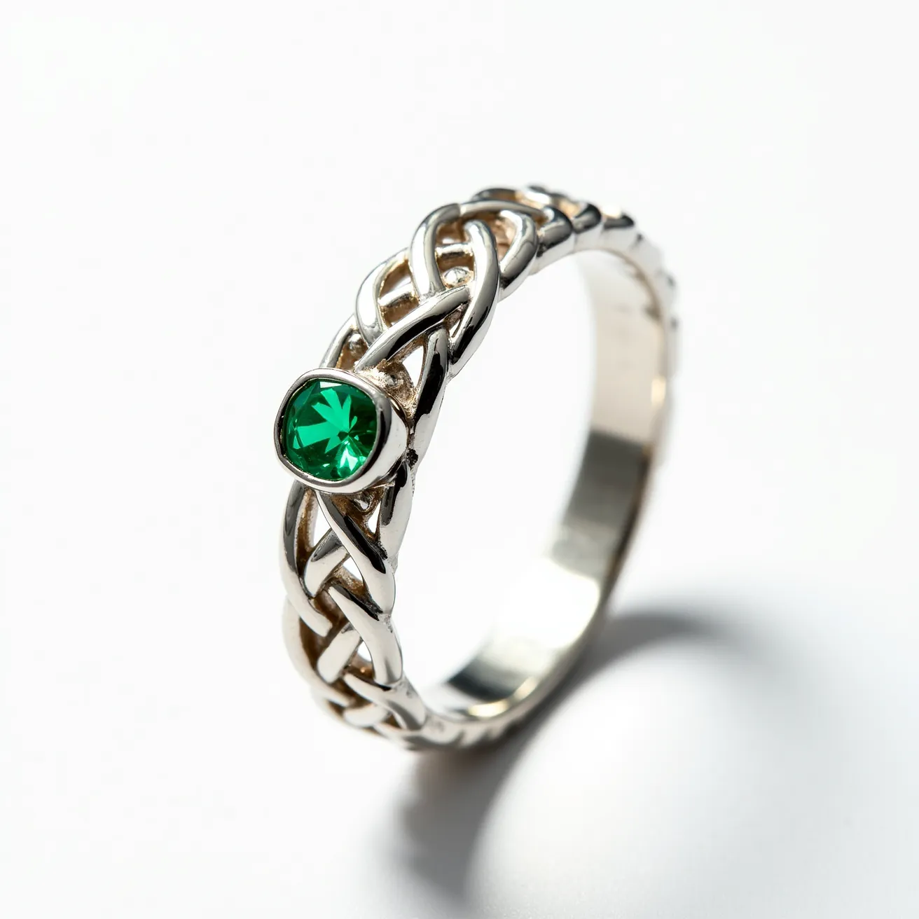 This Irish promise ring features a band intricately designed with interwoven Celtic knot patterns, crafted from polished silver, highlighting its cultural significance and craftsmanship. At the center, a vibrant green gemstone, likely an emerald or an emerald-colored gem, is securely set in a bezel setting, adding a striking focal point to the piece. The combination of the silver band and the green gem creates a harmonious and elegant design that resonates with Irish tradition and symbolism.