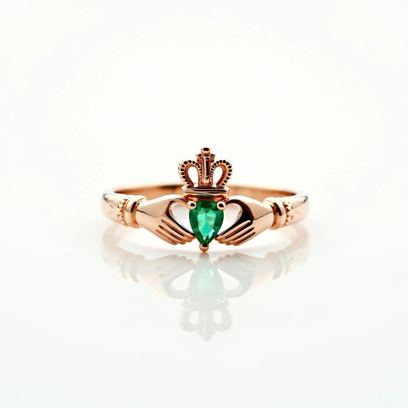 This Irish promise ring is crafted from a warm-toned metal, likely rose gold, and features a traditional Claddagh design with two hands holding a heart, topped by a crown. The heart is embellished with a pear-cut green gemstone, which resembles an emerald, held securely in a prong setting. The band showcases intricate detailing, including the depiction of cuffed hands, which add depth to the symbolic design. The design reflects themes of love, loyalty, and friendship inherent in Irish culture.