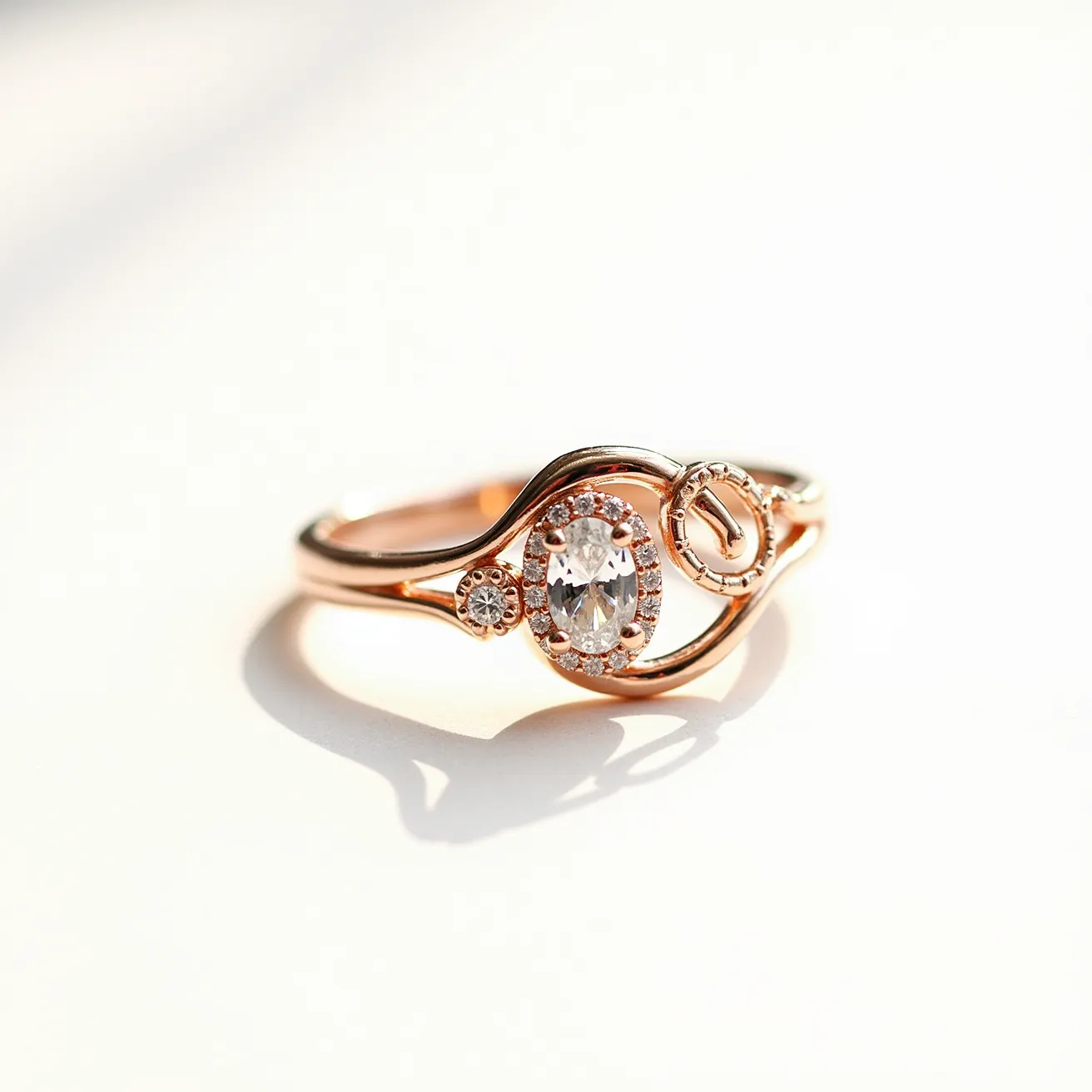 This knot ring features a gracefully interwoven design crafted from what appears to be rose gold. At the center, it showcases an oval-cut white gemstone, likely a diamond or a high-quality simulant, securely set with four prongs and surrounded by a halo of smaller round stones, enhancing its brilliance. Accompanying the central gem, two additional round stones are set on either side, adding symmetry and sparkle to the overall design. The ring elegantly combines the knot motif with a blend of intricate settings and flowing curves, creating a harmonious and sophisticated piece.