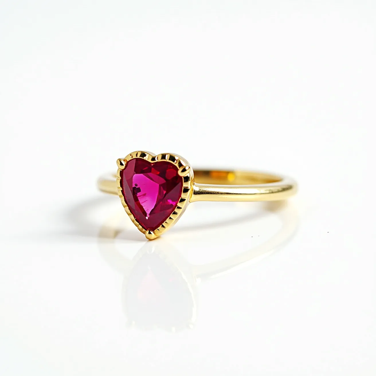 This love ring features a band crafted from yellow gold, showcasing a heart-shaped red gemstone as the central element. The stone is cut to reflect light beautifully, highlighting its rich red color. It is securely held in place by a delicate prong setting that follows the contours of the heart shape, enhancing its romantic appeal. The design combines elegance with a touch of whimsy, making it a standout piece.