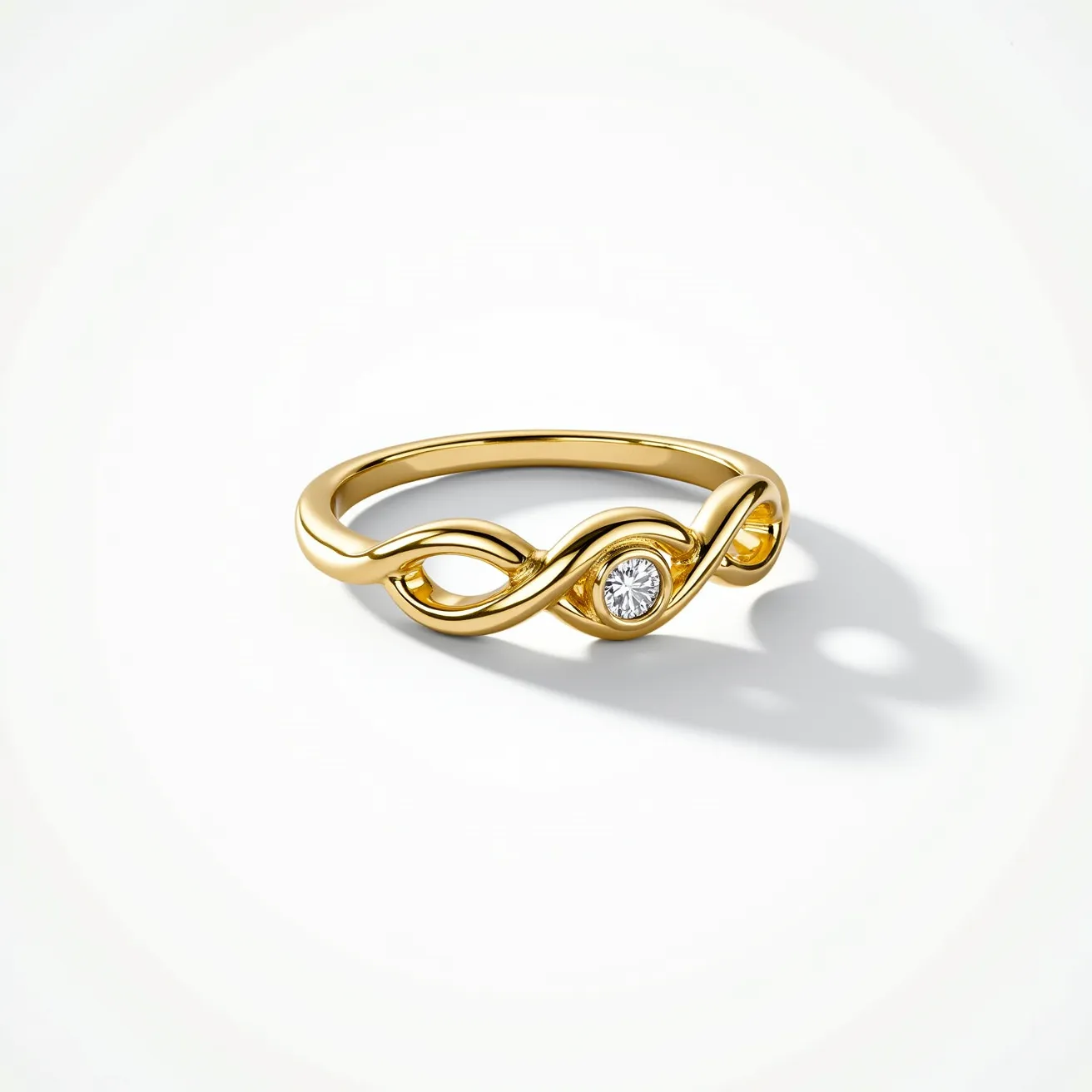 This love ring is crafted from yellow gold and features a delicate, intertwining design that elegantly wraps around a single gemstone. The gemstone is a round brilliant-cut diamond, set securely within the loop of the gold band. The design exudes a sense of timeless elegance, with the diamond beautifully accentuating the graceful curves of the band.