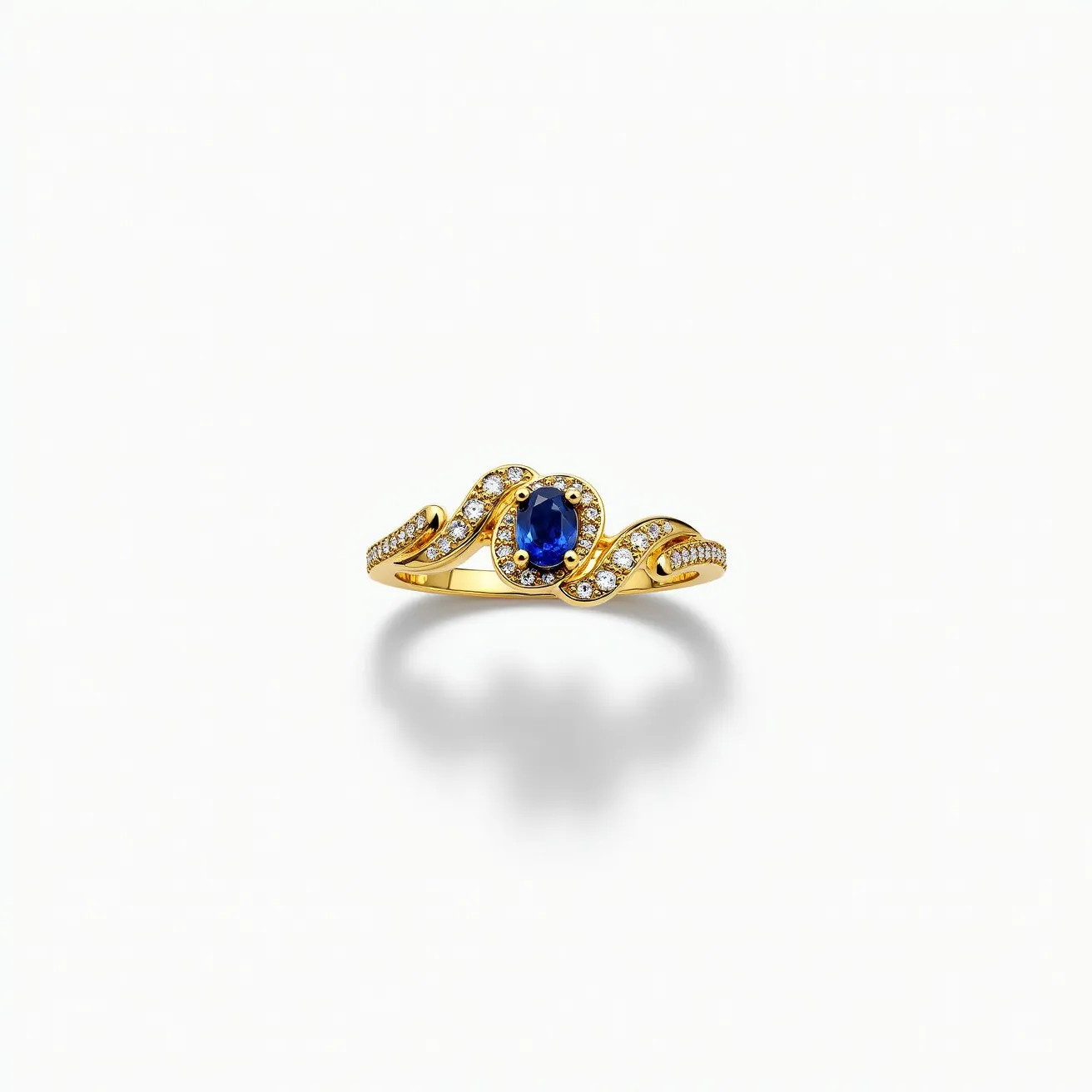 This love ring features a stunning design crafted from gold, showcasing an elegant band that highlights its luxurious material. At its center is an oval-cut sapphire, deep blue in color, set in a secure and stylish bezel setting. Surrounding the sapphire are numerous small round-cut diamonds, each meticulously arranged in a halo and along the band, accentuating the center stone's allure with their brilliant sparkle. The intricate design continues with a graceful twist on each side, adorned with additional diamonds, enhancing the overall sophistication of the ring.