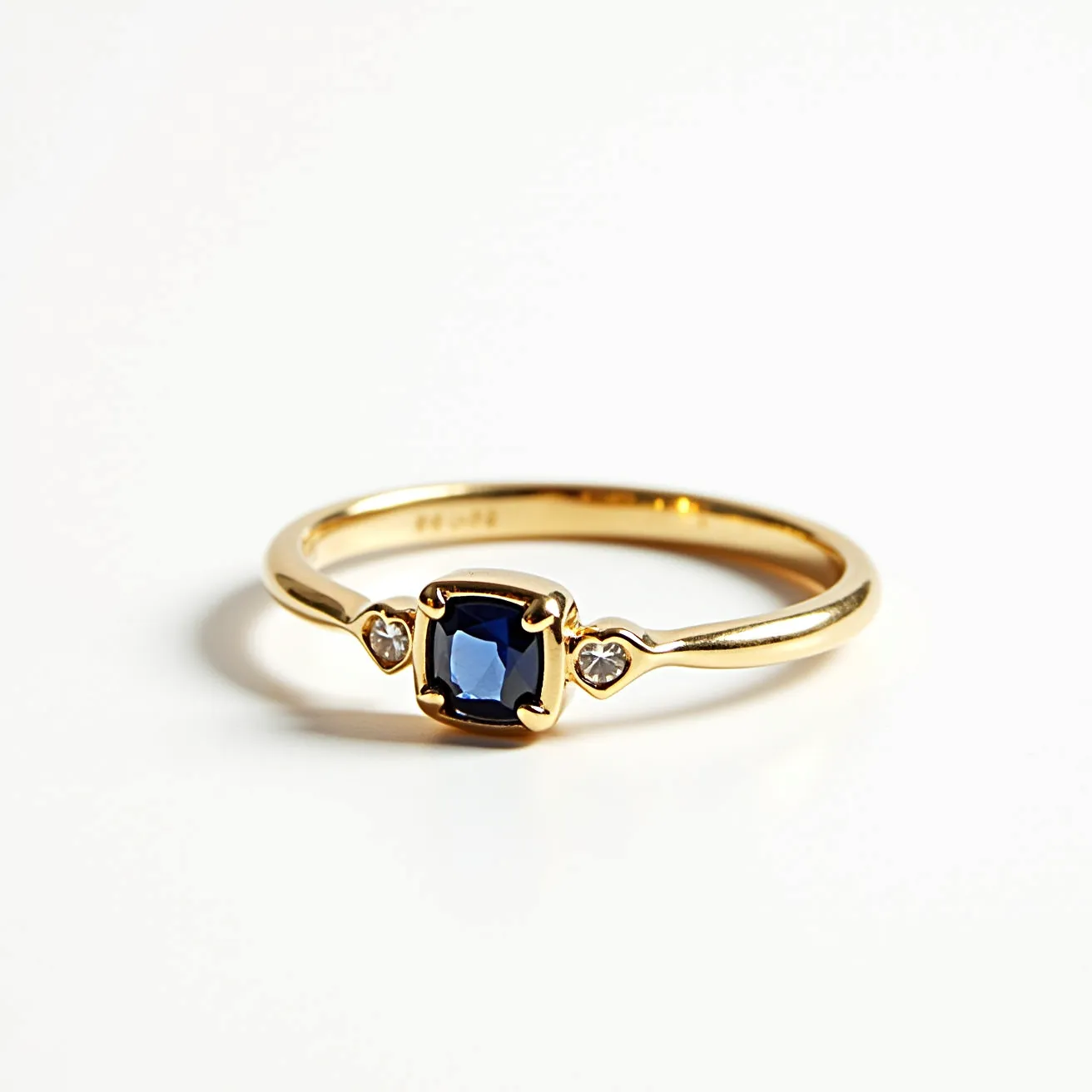 This love ring features a sleek gold band that elegantly supports a central dark blue gemstone, which appears to be a sapphire with a cushion cut. The sapphire is securely set in place by a four-prong setting that enhances its prominent position on the ring. On either side of the sapphire, there are small, heart-shaped clear stones, possibly diamonds, adding a touch of sparkle and romantic symbolism to the design. The combination of the deep blue sapphire and the clear accent stones creates a beautiful contrast, making this love ring both timeless and elegant.