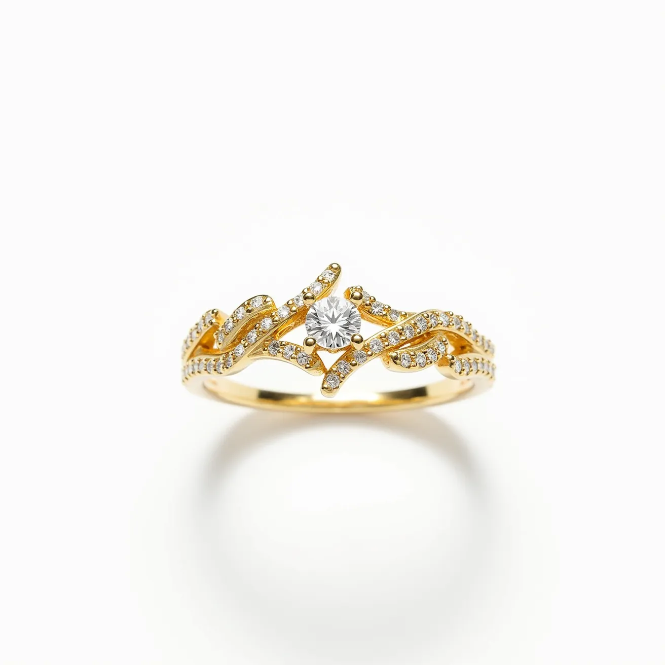 This love ring features a gold band intricately designed with a swirling pattern that incorporates numerous small, round-cut diamonds, each set securely to enhance the ring's sparkle. At the center of the design lies a prominent round-cut diamond, held in place by a four-prong setting that elevates the centerpiece elegantly above the band. The combination of the radiant diamonds and the polished gold band creates a harmonious and luxurious appearance, making the ring a striking piece of jewelry.