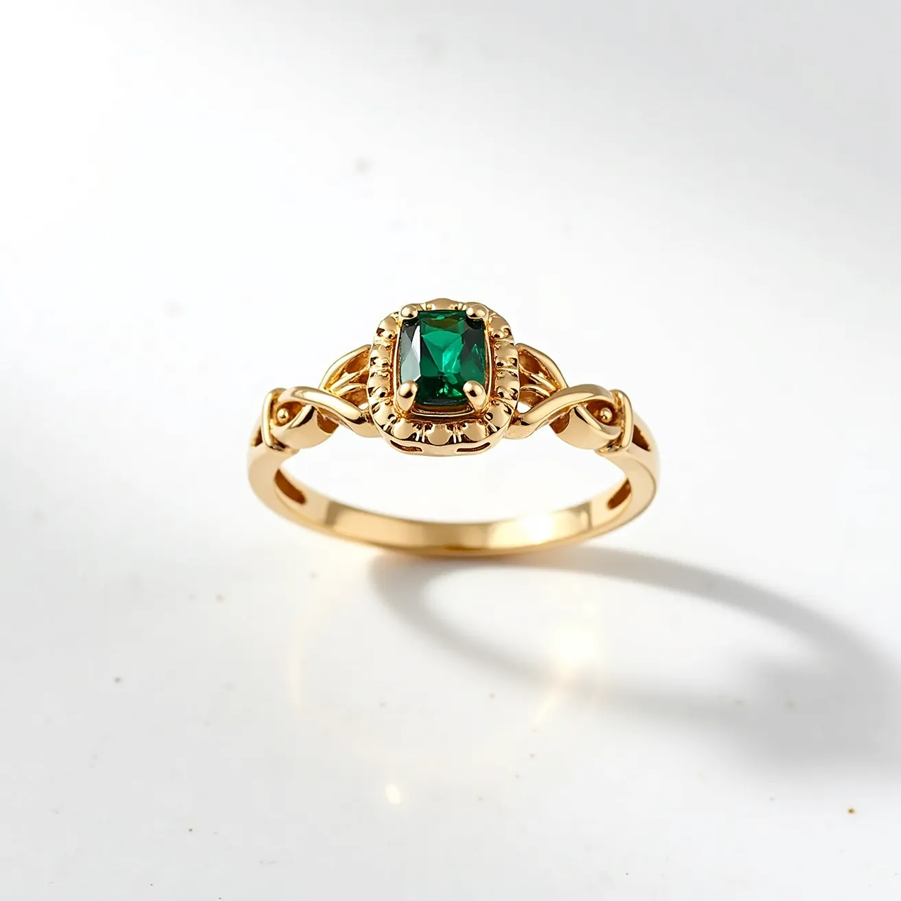 This March birthstone ring showcases a beautifully cut emerald-colored stone, which is set in an ornate yellow gold band. The central stone is cut in a rectangular shape with beveled edges, giving it a sophisticated appearance. It is surrounded by a delicate beaded bezel setting that adds a touch of elegance and securely holds the gemstone in place. The band features an intricate design that intertwines gracefully on either side of the stone, enhancing its overall aesthetic appeal. This piece combines the richness of the gold with the vivid green hue of the central gem, creating a striking and harmonious effect.