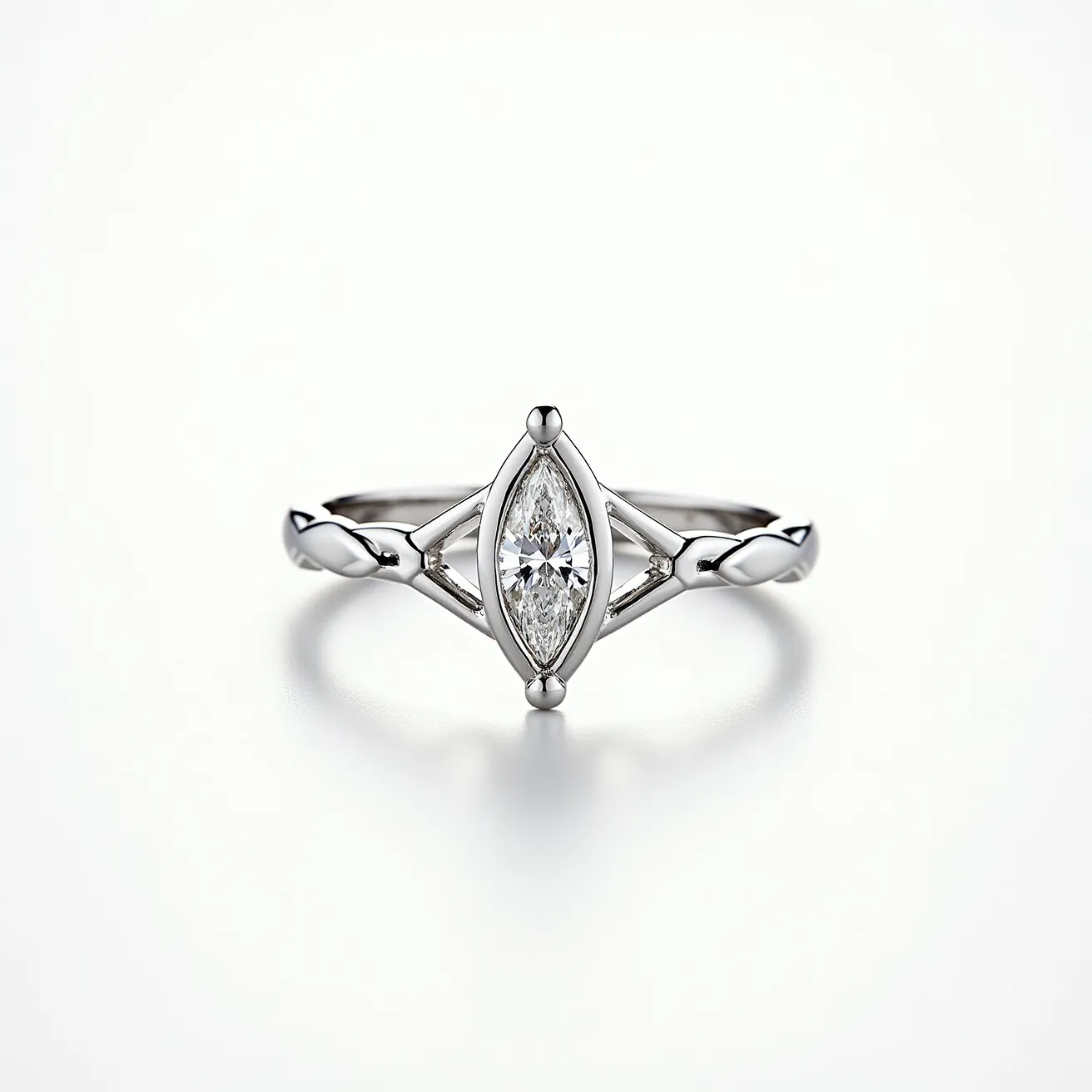 This marquise diamond ring features a central marquise-cut diamond set in a sleek, modern setting. The band is crafted from polished metal, likely platinum or white gold, which complements the brilliance of the diamond. The design is elegant, focusing attention on the marquise stone, which is secured with prongs that hold it delicately in place. The setting enhances the elongated shape of the diamond, creating a sophisticated and timeless appearance. The ring showcases a balance of simplicity and elegance, making it a refined piece of jewelry.