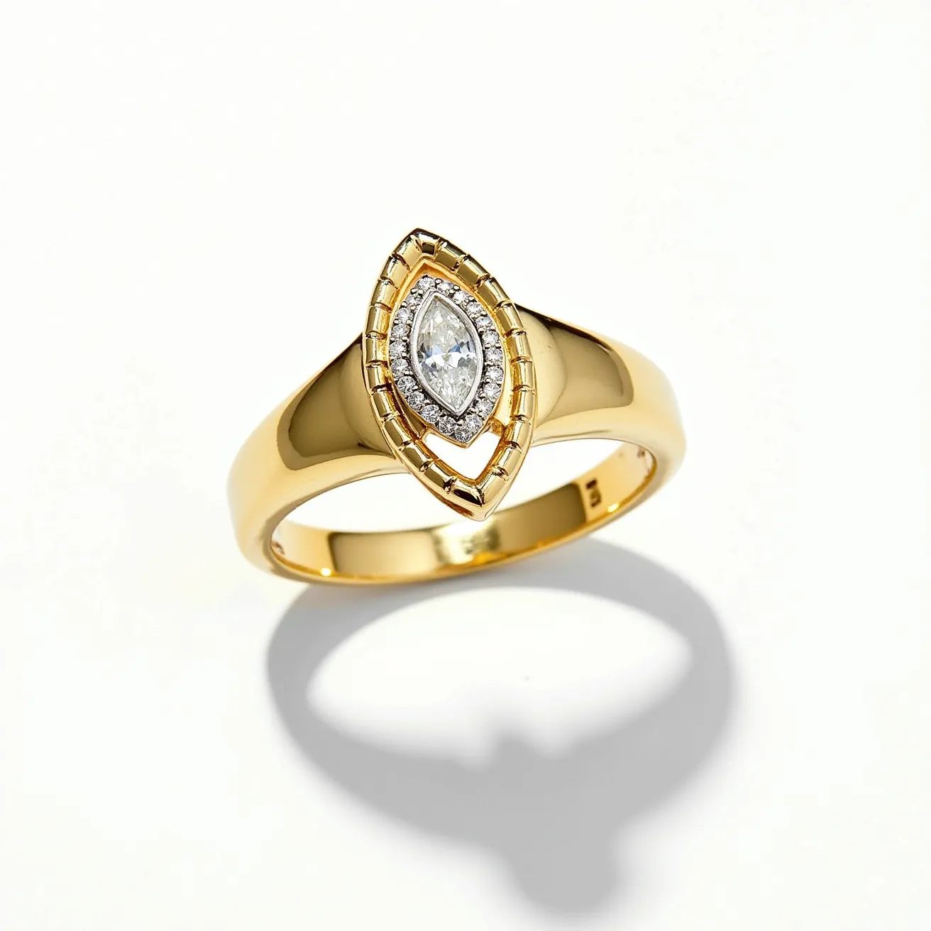 This marquise diamond ring features a central marquise-cut diamond set in a sophisticated halo setting, surrounded by smaller round diamonds that enhance its brilliance. The band is crafted from a polished yellow metal, likely gold, which adds a warm and luxurious contrast to the dazzling stones. The design includes an intricate setting that elegantly frames the marquise diamond, adding a modern touch to the classic style.