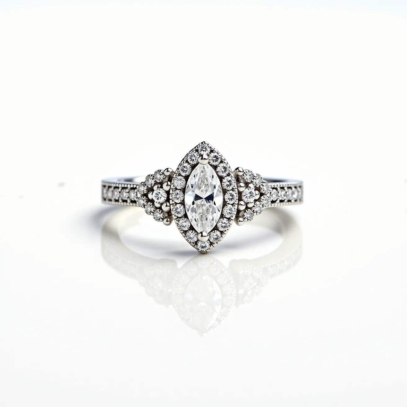 This marquise diamond ring features a central marquise-cut diamond, elegantly set within a halo of smaller round diamonds that enhance its brilliance and allure. The band appears to be made of white gold or platinum, adorned with a series of sparkling pave-set diamonds that extend along its sides, adding to the ring's overall sparkle and sophistication. The combination of the marquise center stone and the surrounding gemstones creates a timeless and elegant design, suitable for a variety of occasions.