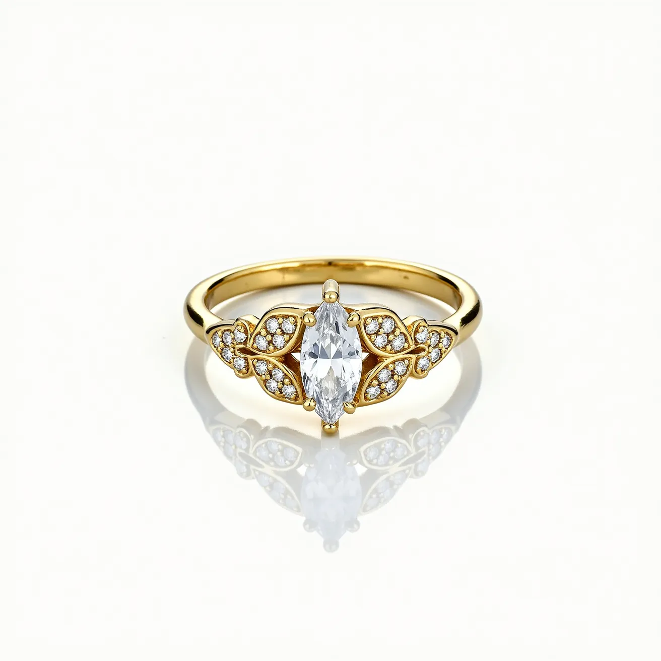 This marquise diamond ring features a prominent marquise-cut diamond as its centerpiece, set in a gold band. The marquise diamond is elegantly secured in a prong setting. Surrounding the central stone are intricately designed embellishments that include small, round diamonds, adding additional sparkle to the piece. The band appears to be crafted from a polished yellow gold, which complements the brilliance of the diamonds. The combined design elements create a balanced and sophisticated aesthetic for the ring.