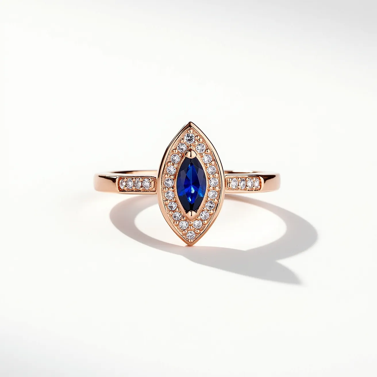 This marquise diamond ring features a central deep blue gemstone in a marquise cut, set within a halo of smaller round diamonds that enhance its brilliance. The ring showcases a sophisticated pink or rose gold band that complements the gemstones' colors beautifully. The marquise gemstone is securely held in a bezel setting, while the surrounding diamonds are pavé set which creates a seamless sparkle. Additional diamonds are embedded along the shoulders of the band, adding extra elegance to the piece. This ring is designed with meticulous attention to detail, ensuring both style and durability.