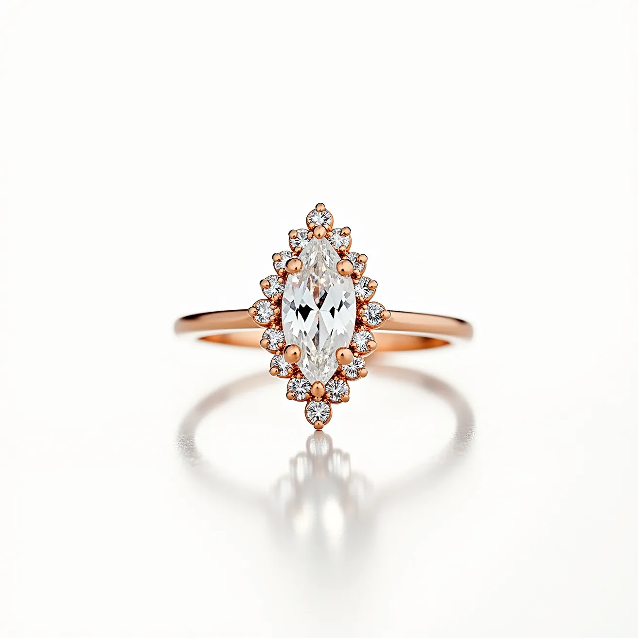 This marquise engagement ring features a central marquise-cut diamond, elegantly set in a rose gold band. The centerpiece is surrounded by a halo of smaller round diamonds, creating an intricate and sparkling arrangement. The diamonds are held securely in place by a series of prongs that enhance their brilliance. The rose gold band adds a warm and romantic touch, complementing the diamonds beautifully. The elegant design emphasizes both the central marquise stone and the surrounding halo, making it a striking and timeless piece.