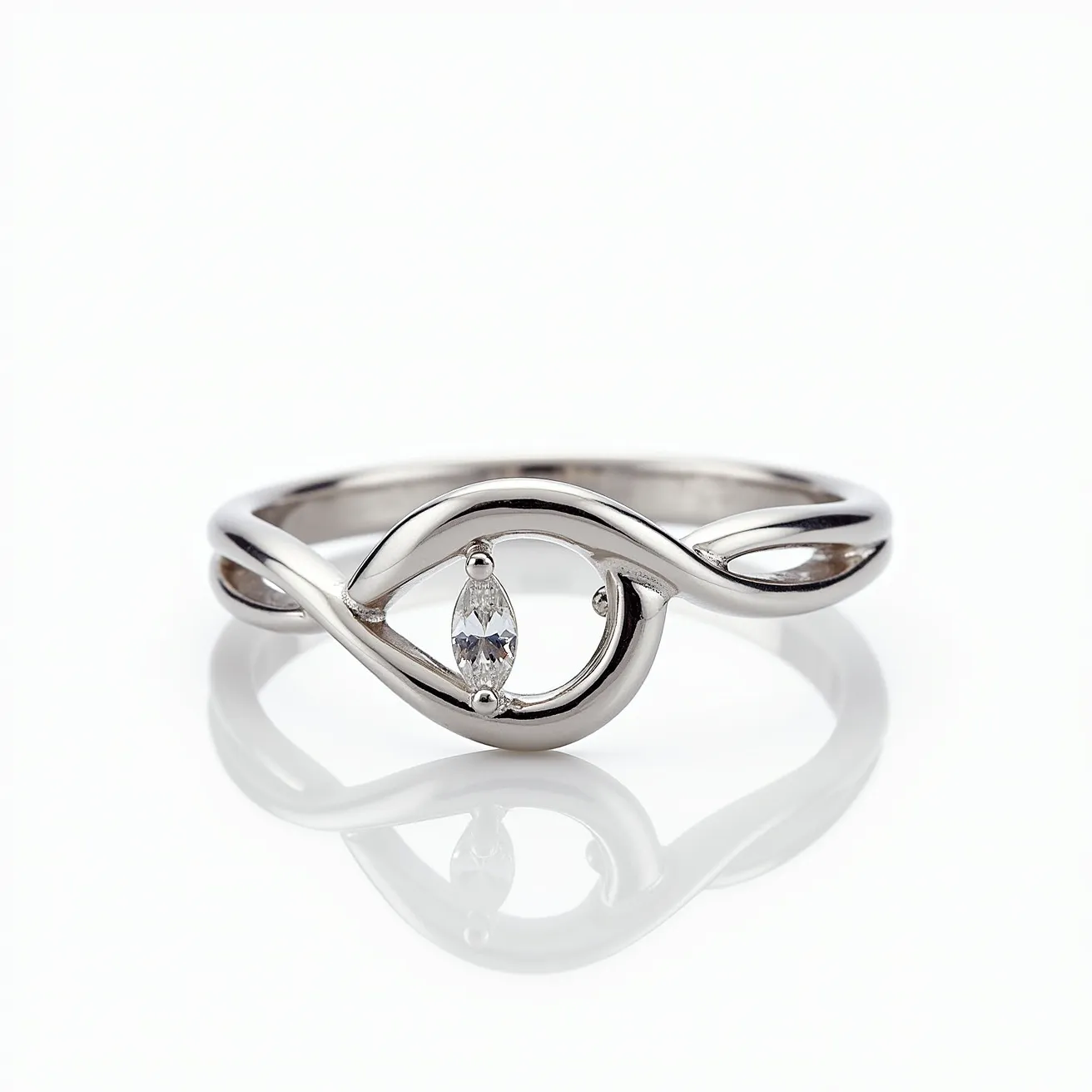 This marquise engagement ring features a sleek and modern design crafted from polished white metal, likely white gold or platinum. At the center, a marquise-cut gemstone is elegantly set within an open twist setting, showcasing its unique shape and brilliance. The stone's pointed ends are secured by subtle prongs, which enhance its elongated silhouette. The band has a fluid swirl design, adding a touch of contemporary elegance. The ring is seamless without any visible clasps or additional attachments, emphasizing its minimalist aesthetic.