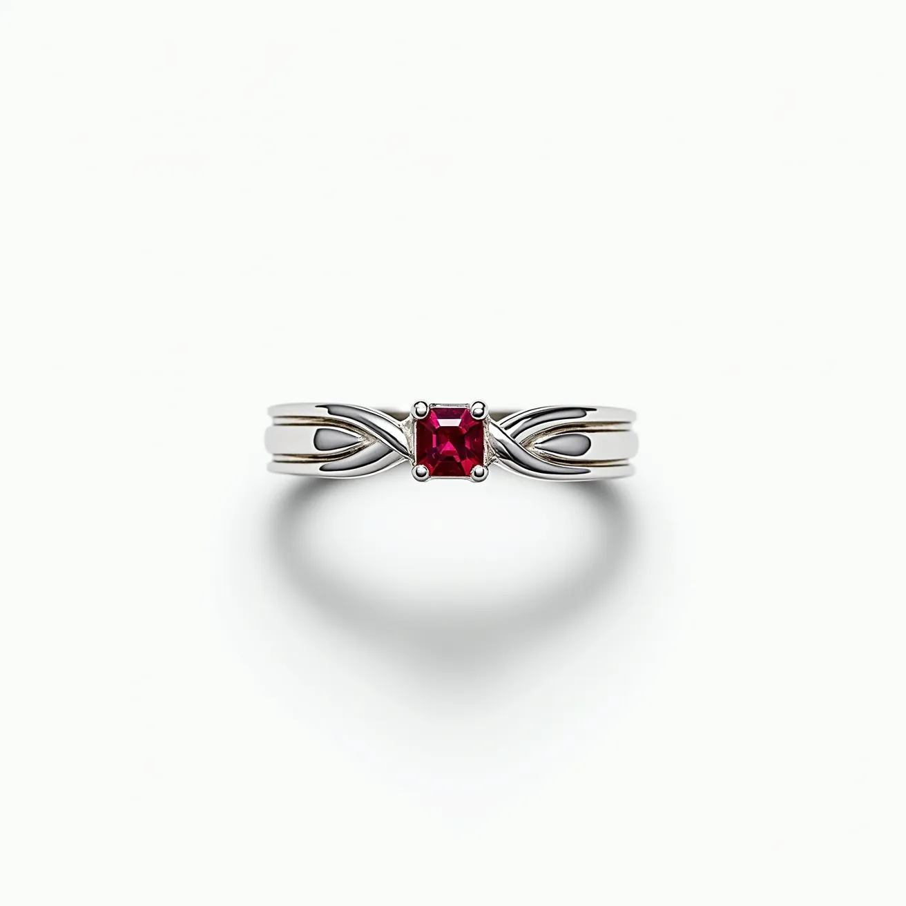 This men's engagement ring features a modern design crafted from sleek, polished metal, likely white gold or platinum. The centerpiece of the ring is a striking red gemstone, possibly a ruby, which is cut in a square shape. It is securely set in a four-prong setting, highlighting the stone's vivid color and clarity. The band is elegantly designed with a delicate intertwining pattern, adding a touch of sophistication and uniqueness to the ring’s overall appearance.