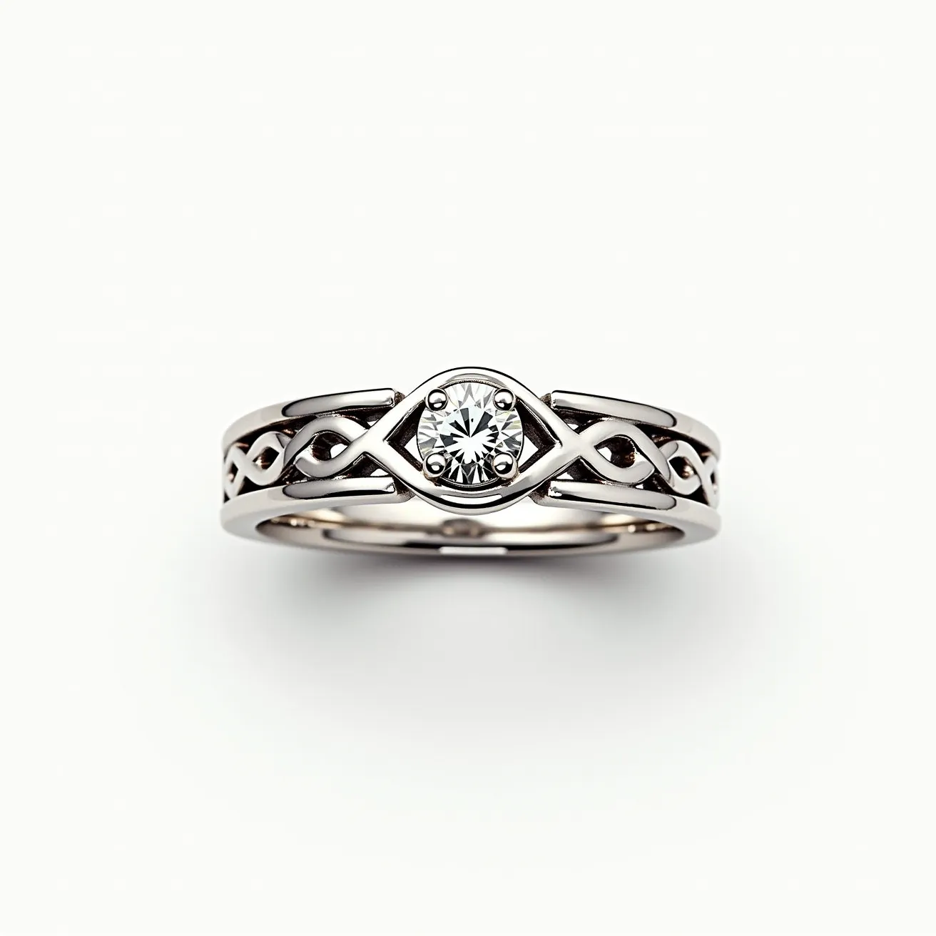 This men's engagement ring features a sleek design crafted from a polished silver-toned metal, giving it a modern and sophisticated appearance. At its center lies a round-cut diamond, securely held in a bezel setting, which adds both security and elegance to the piece. The band is intricately designed with an interwoven pattern, contributing to its unique aesthetic and highlighting a sense of individuality. There is no visible clasp or attachment, as the band is a continuous circle, maintaining the traditional form of a ring.