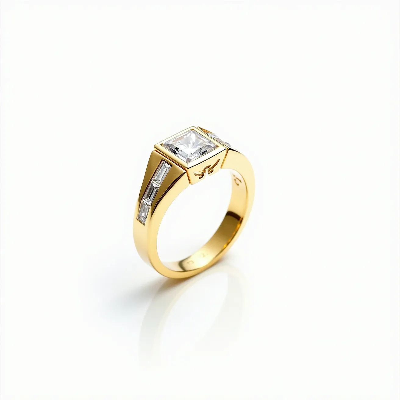 This men's engagement ring features a sophisticated design crafted in a polished yellow gold band. At its center, it showcases a prominent, square-cut gemstone set in a bezel setting, providing both security and a sleek aesthetic. The shoulders of the ring are adorned with baguette-cut stones, also set in bezel settings, enhancing its refined look. The band includes subtly engraved details, adding a touch of elegance to the overall design.