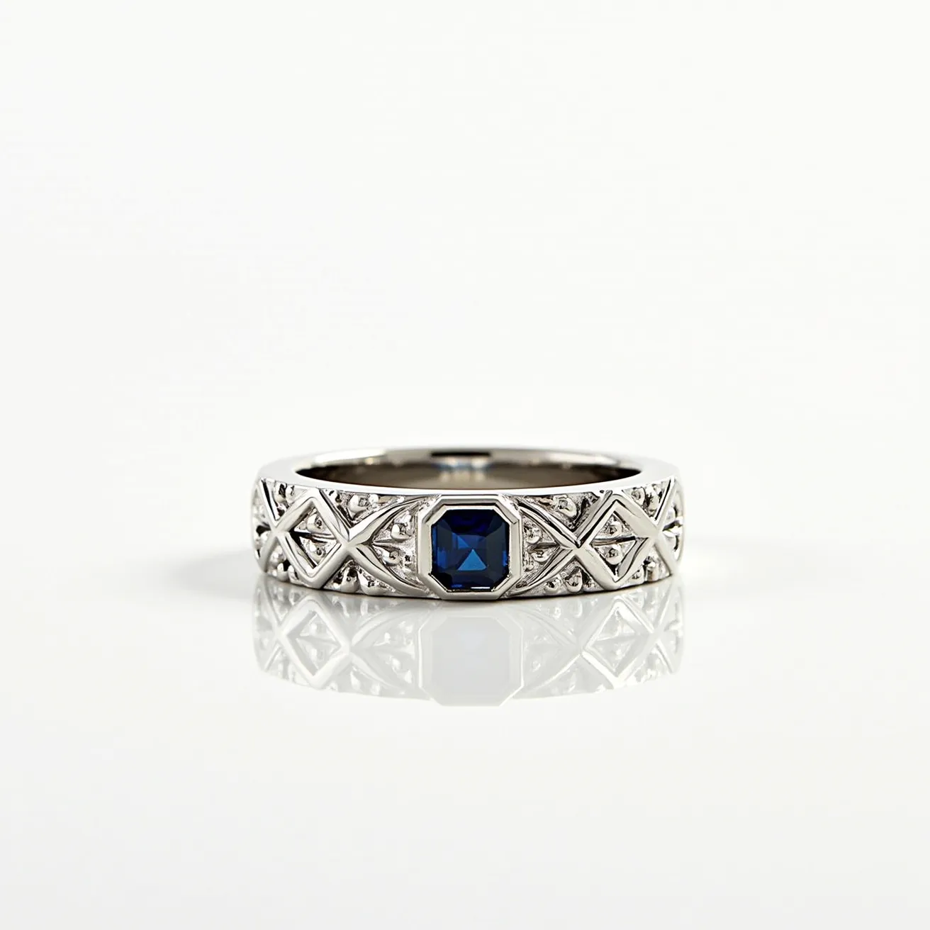 This men's engagement ring features a striking design crafted from a polished metal band, likely platinum or white gold, displaying a pattern of intricate geometric engravings. The centerpiece is a deep blue square-cut gem, possibly a sapphire, securely held in a bezel setting. The combination of the gem's rich color and the cool tone of the metal creates a sophisticated contrast, enhancing the ring's elegant aesthetic without the need for additional clasps or attachments.