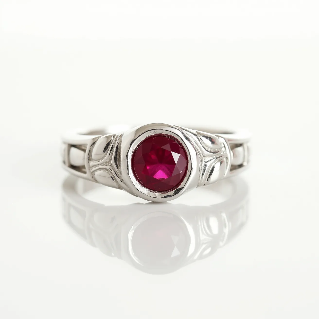 This men's engagement ring features a striking combination of a bold red gemstone, likely a ruby, set in a prominent bezel setting. The gemstone is round-cut, enhancing its brilliance and depth of color. The band itself is crafted from a silver-toned metal, adorned with intricate, flowing designs that add a touch of elegance to the overall appearance. These details seamlessly blend modern and classic elements, creating a distinguished piece suitable for a statement of commitment.