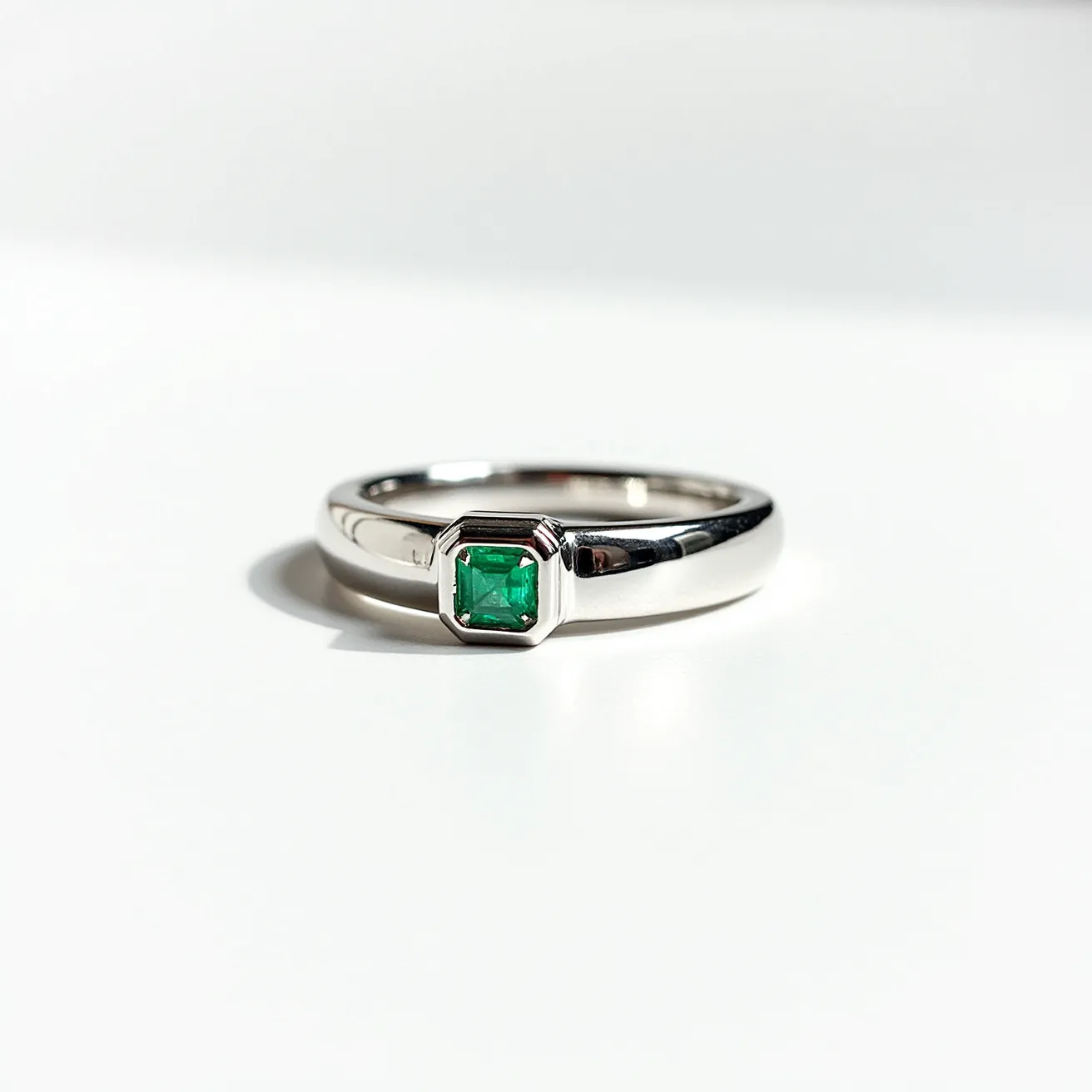 This men's engagement ring features a sleek design with a vibrant green gemstone set at its center. The gem appears to be a square-cut emerald, which is elegantly embraced by a bezel setting. The band itself is crafted from a polished material that resembles white gold or platinum, adding a refined and modern touch to the overall styling. The ring's understated design allows the emerald's rich color to stand out, making it a striking and sophisticated piece.