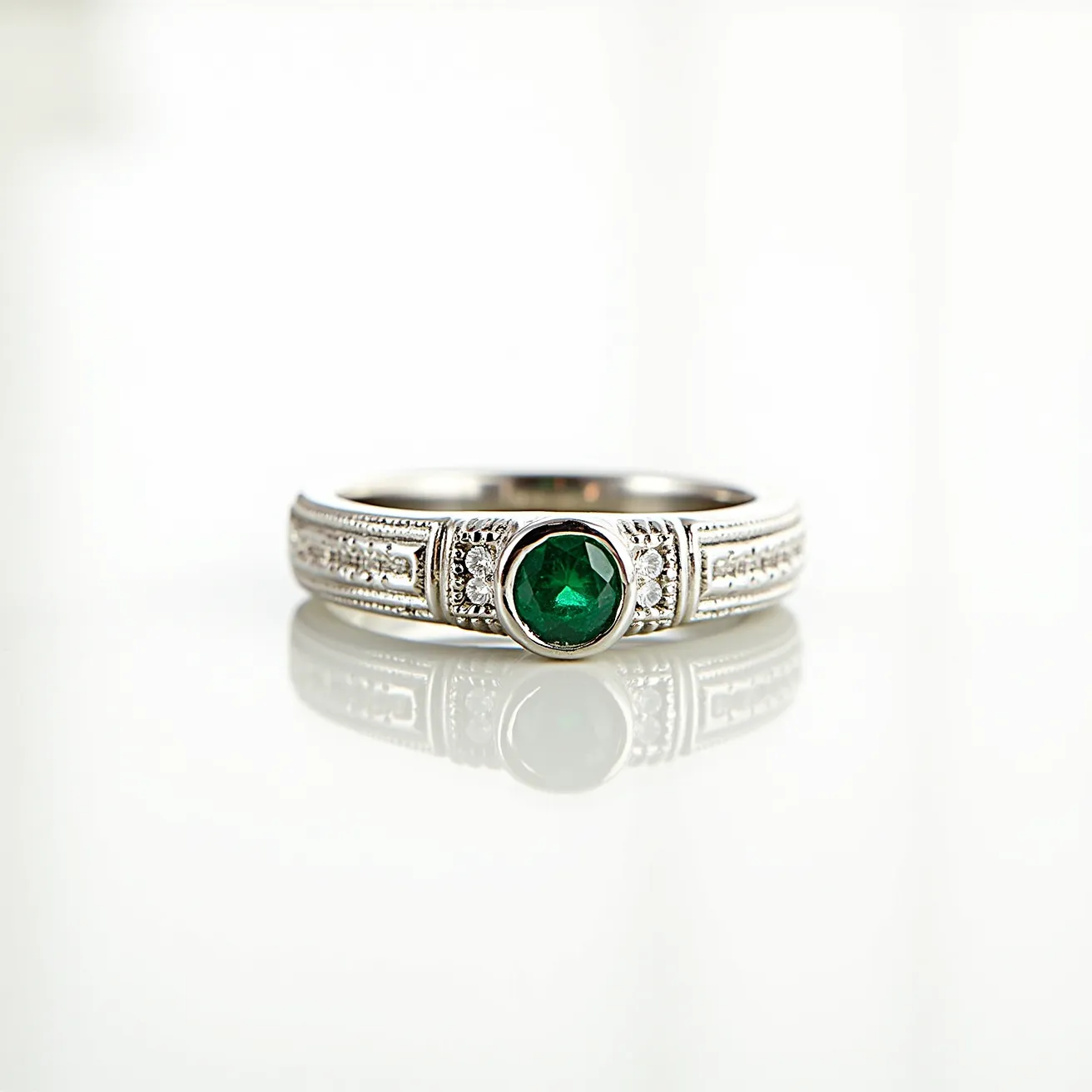 This men's engagement ring features a striking design with a prominent round-cut green gemstone set in the center. The stone is encased in a bezel setting, which provides a smooth, protective edge around it. The band is likely made from a polished metal, possibly white gold or platinum, and is adorned with intricate detailing that includes smaller round-cut diamonds or diamond-like stones, adding a touch of elegance and sophistication to the ring. The overall structure of the ring appears sturdy and well-crafted, ensuring both durability and style for the wearer.