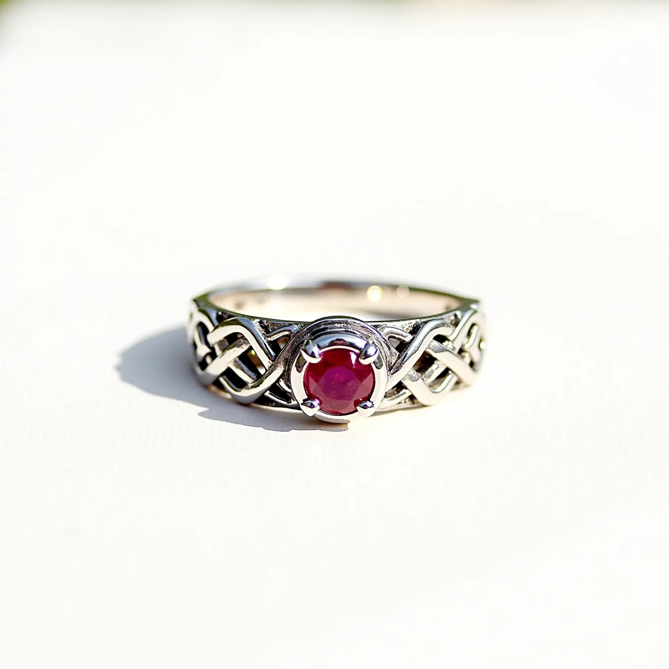 This men's engagement ring features an intricately designed band, likely crafted from a polished silver or white gold, displaying an elaborate Celtic knot pattern. The focal point is a round-cut ruby, known for its vibrant red hue, securely held in place by a classic prong setting that highlights its brilliance. The combination of the detailed band and the vivid gemstone creates a striking and elegant piece, reflecting a blend of traditional and contemporary styles.