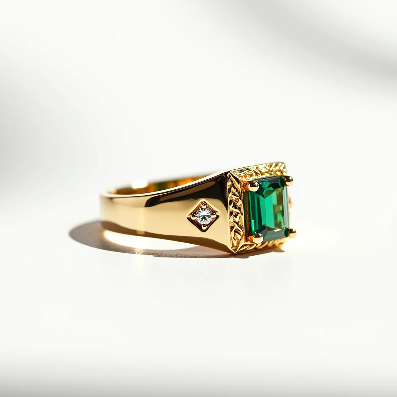 This men's pinky ring features a striking design that showcases a prominent emerald-cut green gemstone, set securely within a four-prong gold setting. The band appears to be crafted from polished gold, providing a classic and elegant appearance. Additionally, a small round diamond is inset on the side of the band, adding a touch of brilliance and luxury to the overall design. The combination of the vivid green gemstone and the subtle brilliance of the diamond creates a sophisticated and eye-catching accessory.