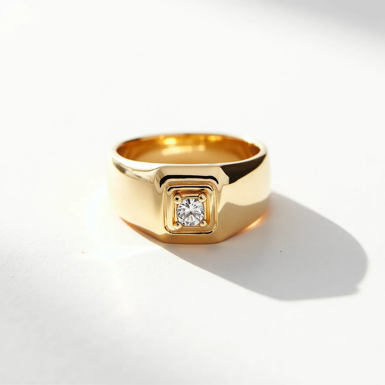 This men's pinky ring is crafted from a lustrous gold material, featuring a square setting that houses a single, clear gemstone. The gemstone appears to be a round-cut diamond, securely held in place by four prongs, which enhances its brilliance and sparkle. The band is smooth and thick, designed to provide a sturdy base for the gemstone's setting. The simplicity in the design focuses attention on the central stone, making it a striking yet elegant piece of jewelry.