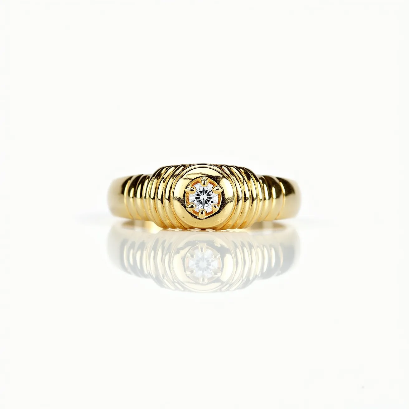 This men's pinky ring features a sleek and elegant design crafted from gold. At its center, it showcases a round-cut diamond set securely within a bezel setting, providing a classic yet sophisticated look. The band itself is adorned with a series of grooved accents that enhance the ring's visual appeal, giving it an added dimension of texture and depth. The combination of the radiant gold and the shimmering diamond makes this piece a striking accessory for any occasion.