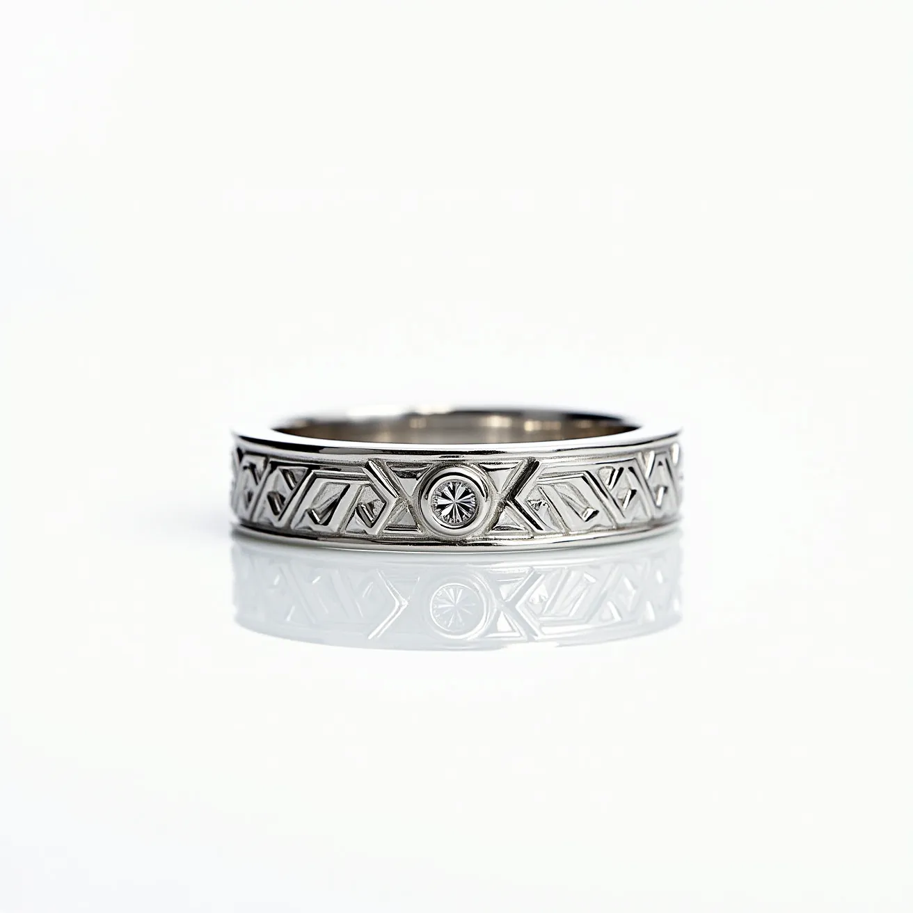 This men's ring is crafted from a silvery metal, possibly platinum or white gold, which gives it a sleek, polished appearance. The band features an intricate geometric pattern that encircles its entirety, providing a modern and sophisticated design. At the center of the ring's face, a small, round-cut diamond is securely set in a bezel setting, accentuating the ring's luxurious feel with its understated sparkle. The overall design balances elegance with contemporary style, making it a distinctive accessory.