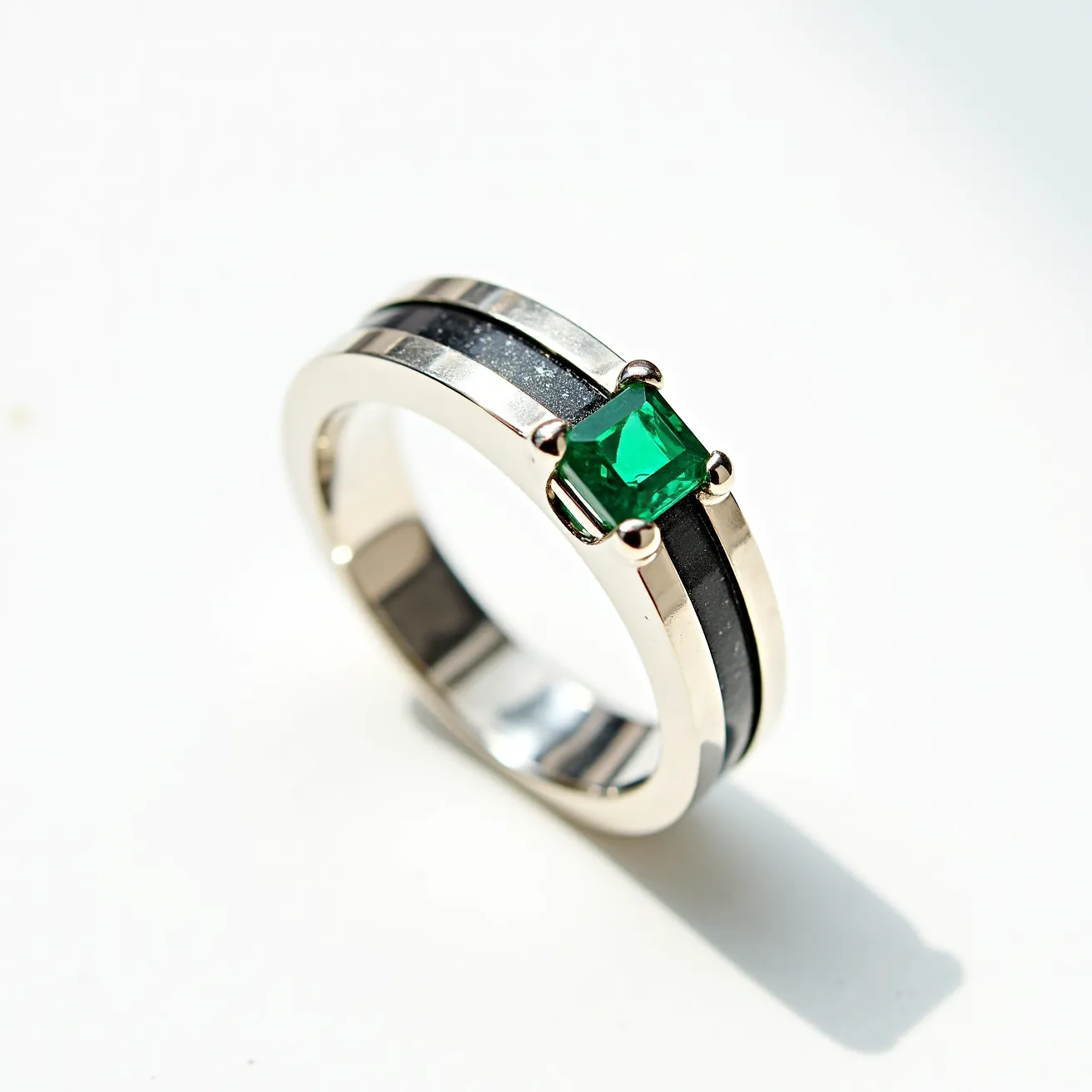 This men's ring features a sleek and modern design with a polished metal band, possibly made of platinum or white gold, accented by a darker, inlaid strip that runs along the center. The focal point is a vibrant green gemstone, likely an emerald, showcased in a striking square cut. The stone is securely held in place by a four-prong setting, which adds to the ring's overall elegance and sophistication.