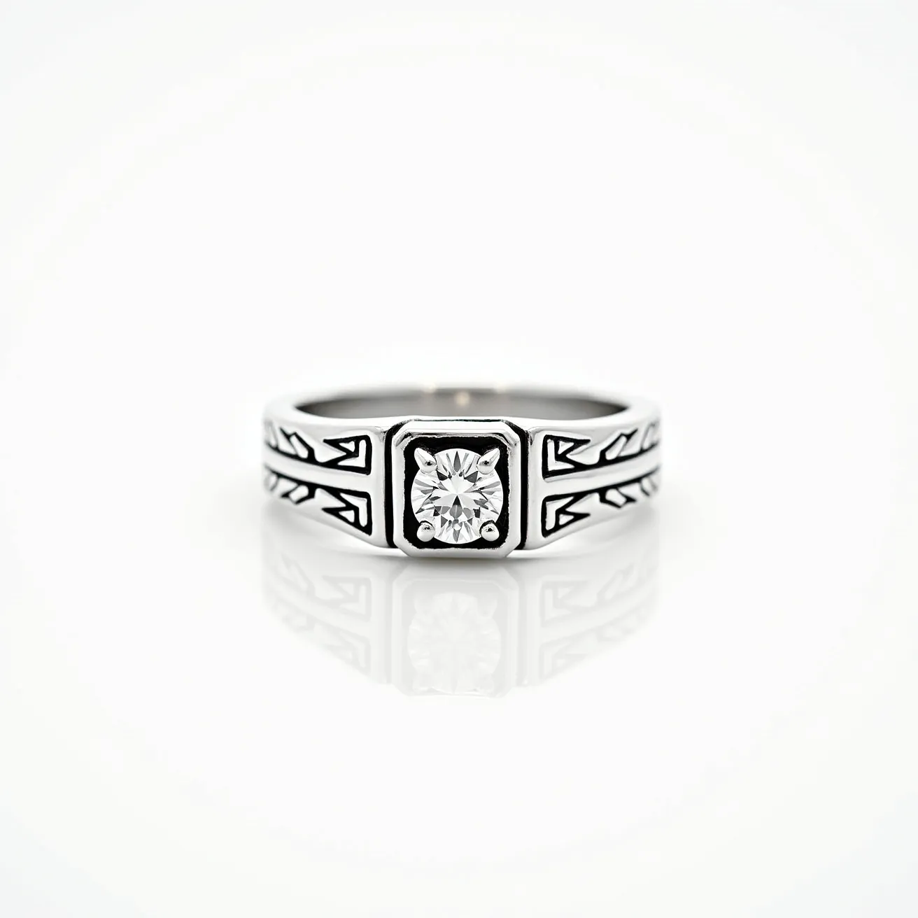 This men's silver ring features a sleek design with a striking centered gemstone, likely a round-cut diamond or clear crystal, held securely in a bezel setting. Arrow-like engravings create a distinct pattern on the band, adding an intricate touch to the silver material. The ring's craftsmanship balances elegance and boldness, making it a standout piece.