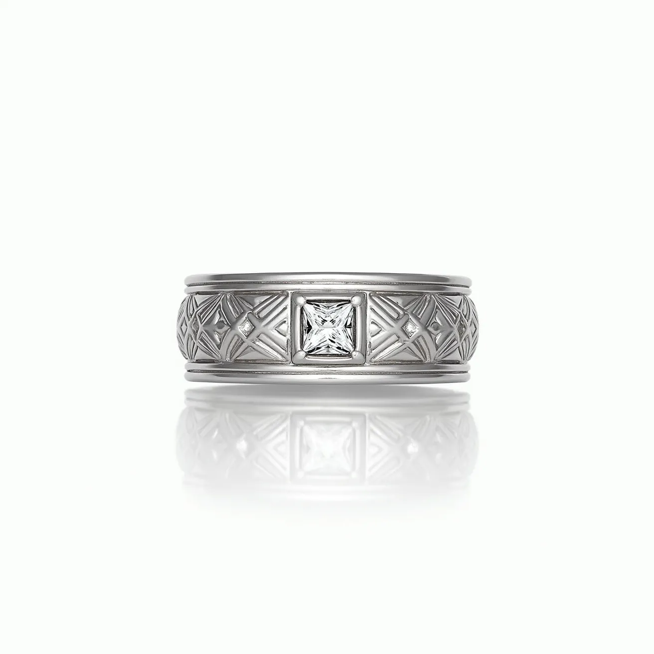 This men's wedding band is crafted from a sleek, silver-toned metal, featuring intricate geometric patterns etched along its exterior. A prominent square-cut gemstone, likely a diamond, is set into the center of the band, framed by a secure bezel setting that complements its sharp lines. The band’s design exhibits a harmonious blend of traditional craftsmanship and modern style, with its detailed engravings adding depth and sophistication to the piece.