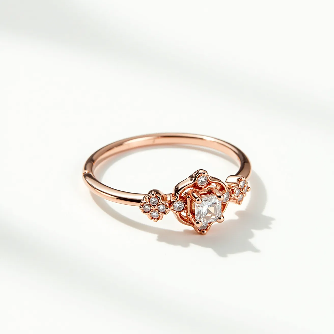 This midi ring features a delicate rose gold band, showcasing a central square-cut gem set in a unique ornate setting that resembles a flower. The central stone is flanked by two floral motifs, each adorned with small, round-cut gems arranged in a symmetrical pattern. The settings of these gems are crafted to enhance the intricate design, providing a sophisticated and elegant appearance without any visible clasp or attachment.