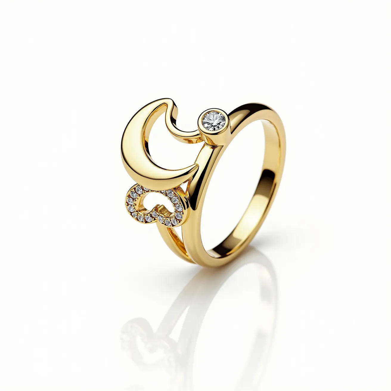 This midi ring is crafted from bright gold, presenting an elegant and playful design. The ring features a crescent moon motif set alongside a circular setting, which houses a single, round-cut gemstone, likely a diamond. Additionally, there is a heart-shaped element adorned with small, sparkling stones, likely diamonds, which are pavé-set to enhance the shine and complement the central stone. The design is smooth, with no visible clasp or additional attachments, allowing for easy slipping on and off the finger.