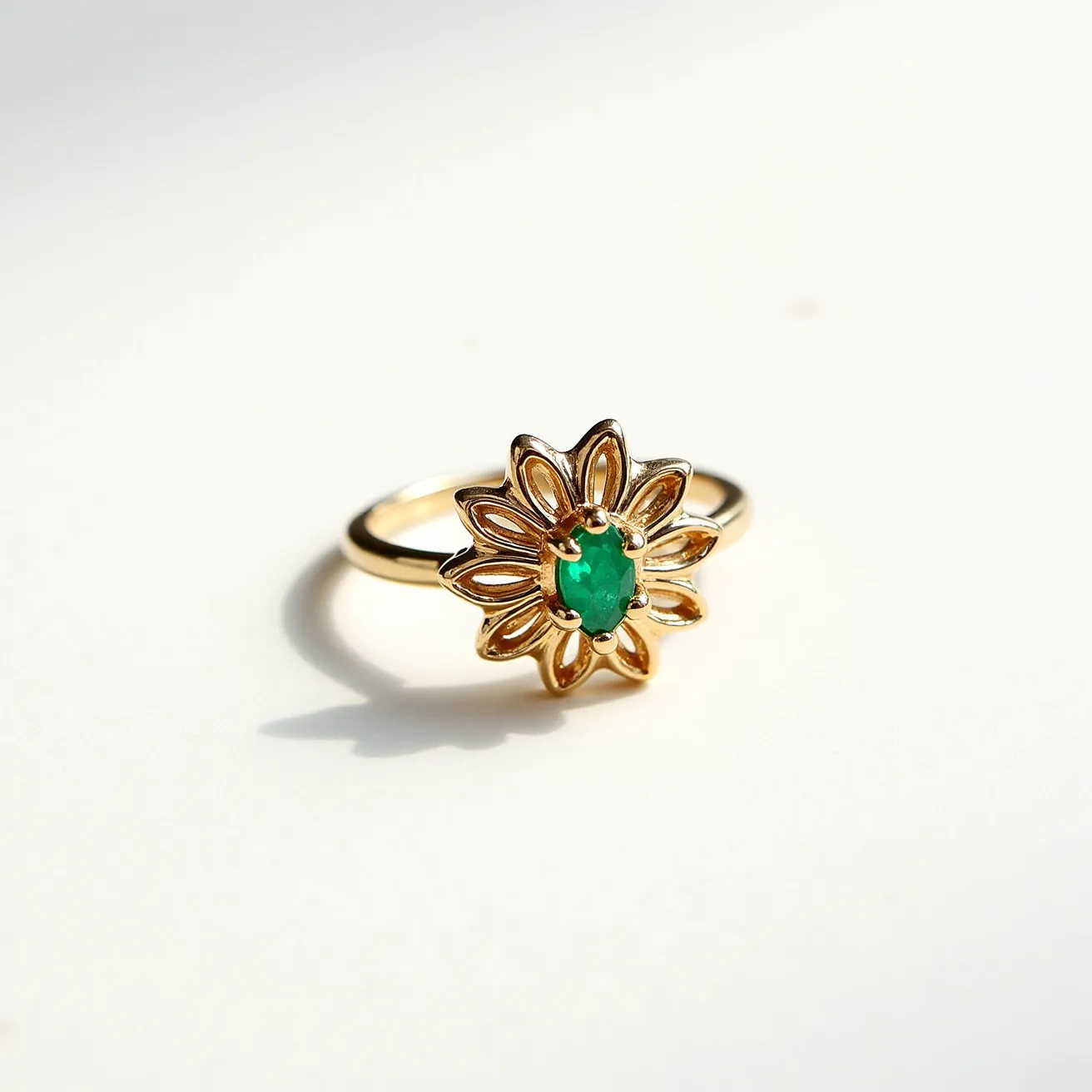 This midi ring features a gold band adorned with a floral design as its centerpiece. Central to the motif is an oval-cut emerald-hued stone, securely set in a prong setting accentuating the natural brilliance of the gemstone. The surrounding petals are crafted in gold, intricately designed to enhance the floral illusion without overpowering the central stone. The ring's open, delicate pattern allows for an elegant and airy aesthetic, with no visible clasps or attachments, emphasizing its simplicity and elegance.