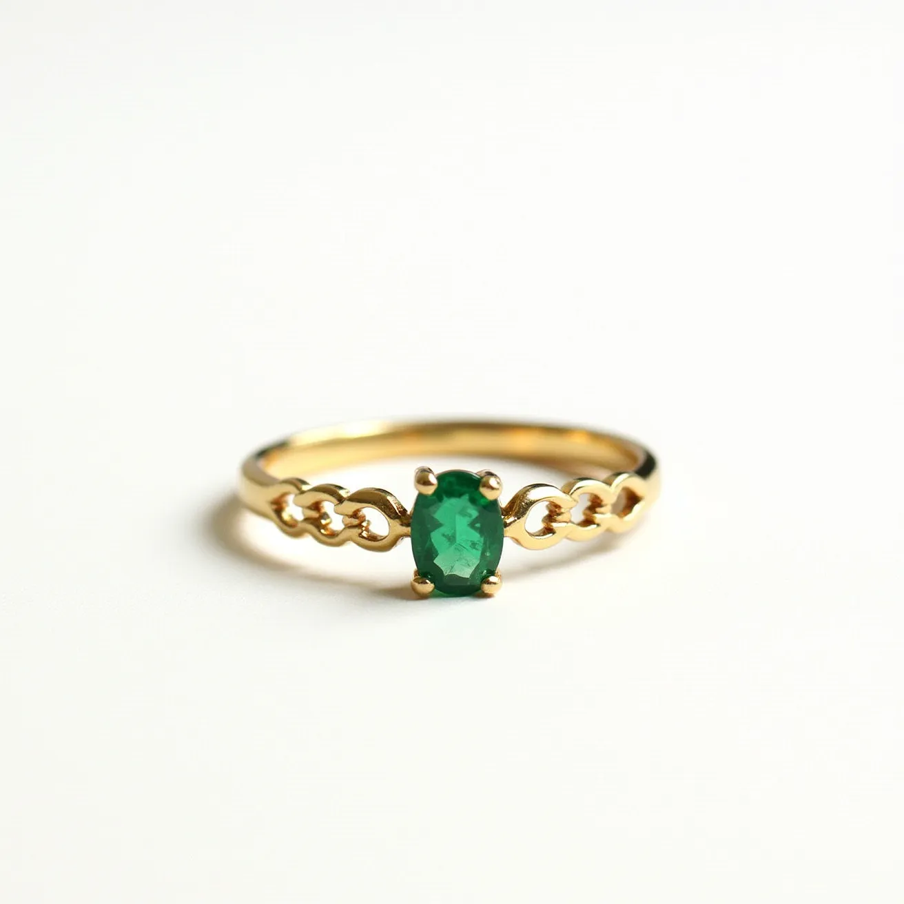 This midi ring features a delicate gold band adorned with an oval-cut green gem, likely an emerald or other similar stone, securely set in a classic prong setting. The band includes an intricate chain-like design on each side of the gem, enhancing its elegant appearance. The gold material suggests a luxurious and refined touch, while the setting allows the green stone to be the focal point of the design. The ring's overall construction is simple yet stylish, designed to elegantly sit on the midi section of the finger.