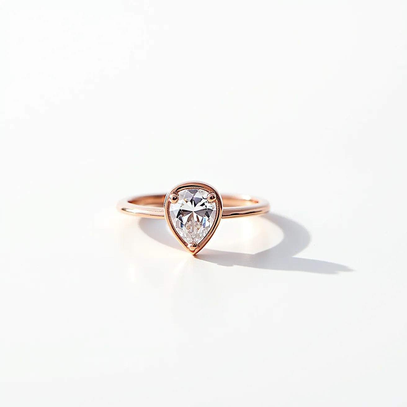 This moissanite promise ring features a pear-cut moissanite stone, elegantly set in a rose gold band. The moissanite is secured with a bezel setting, which wraps around the edges of the gemstone, providing a modern and sleek finish. The band is smooth and polished, complementing the stone's brilliance and adding a touch of sophistication to the overall design.