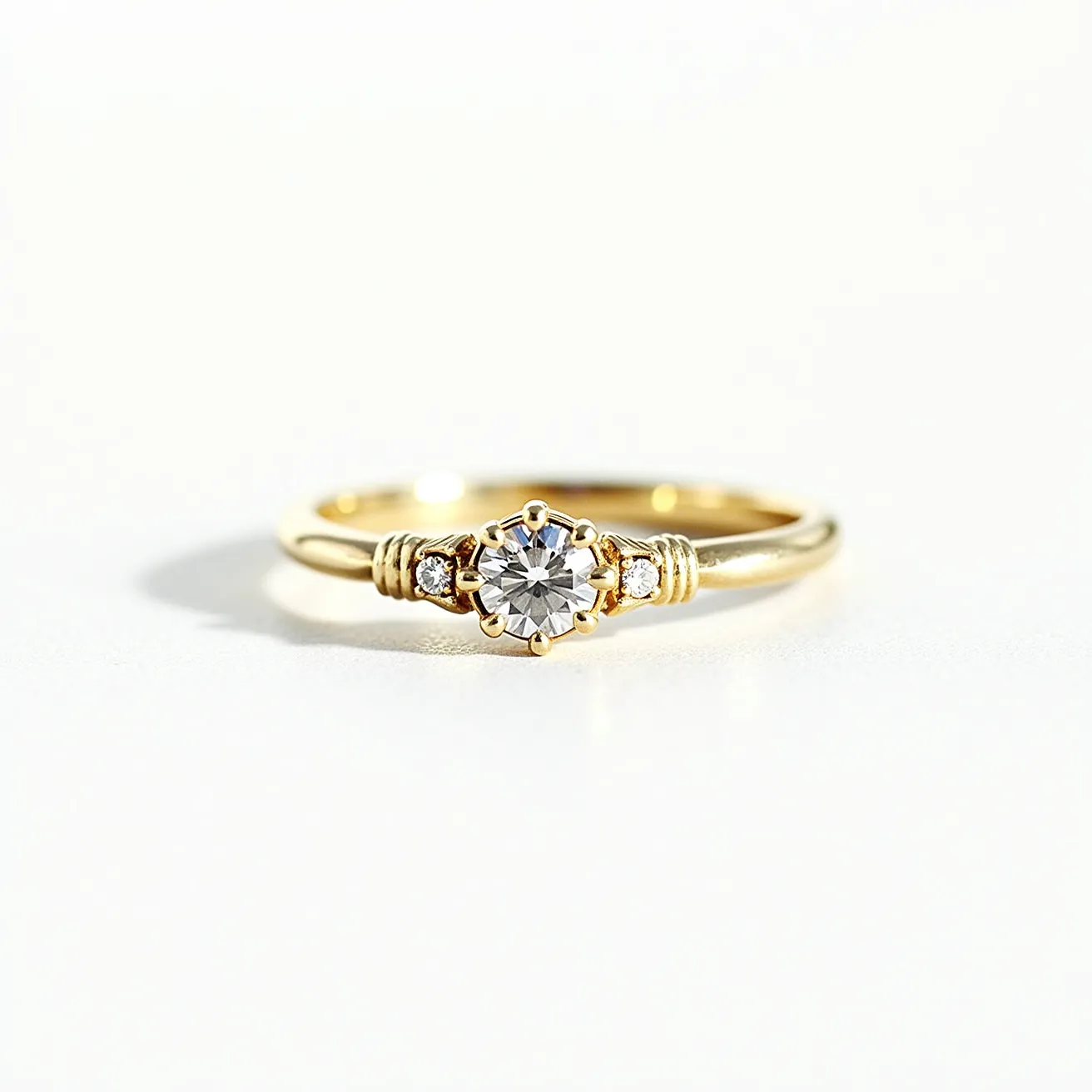 This moissanite promise ring showcases a central round-cut moissanite stone, set in a delicate and elegant prong setting. The band is crafted from a warm gold material, accentuating the brilliance of the central moissanite. Flanking the center stone on each side are smaller round accent stones, adding an extra touch of sparkle and sophistication. The design incorporates subtle detailing along the band, creating a harmonious blend of classic and modern aesthetics. The overall composition of this ring elegantly symbolizes commitment and enduring affection.