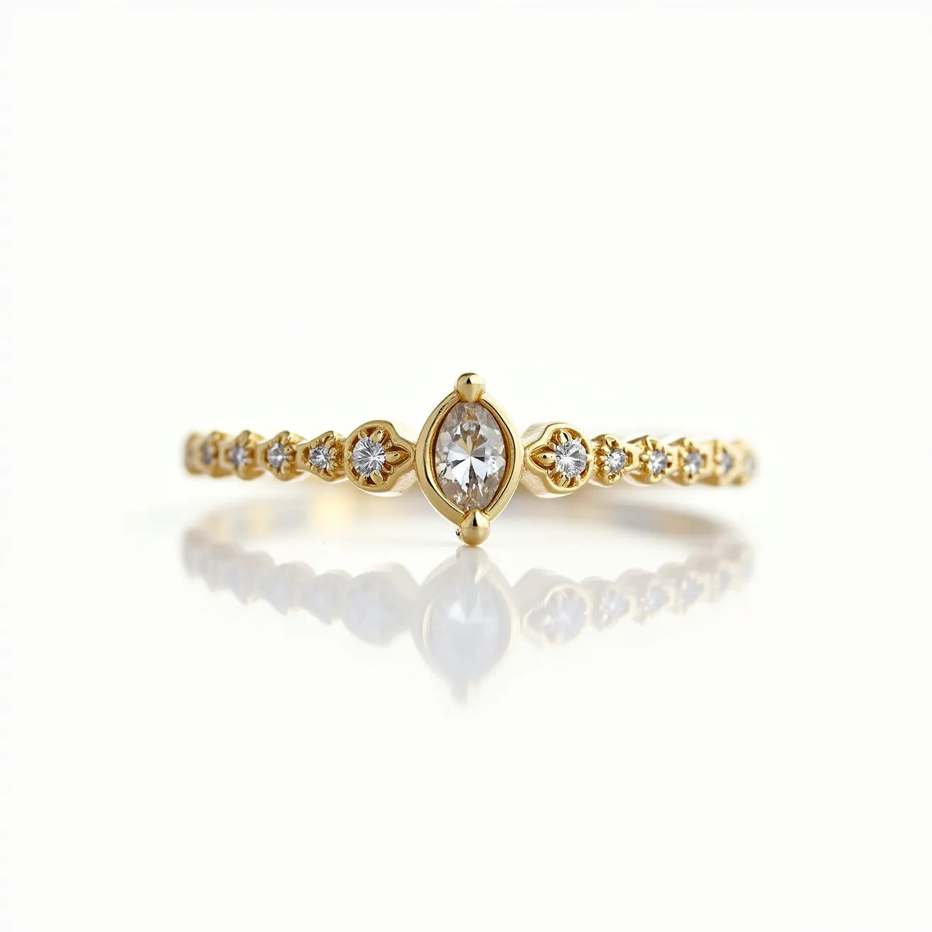 This moissanite promise ring features a marquise-cut moissanite as the central gemstone, set prominently in a yellow gold band. The main stone is secured with a bezel setting, providing a sleek and modern look. Surrounding the central stone, smaller round moissanite stones are embedded along the band, enhancing its sparkle and elegance. The band itself is crafted from a polished gold material, offering a warm and luxurious contrast to the brilliance of the moissanite. There is no clasp or attachment, as it is a traditional circular ring design.