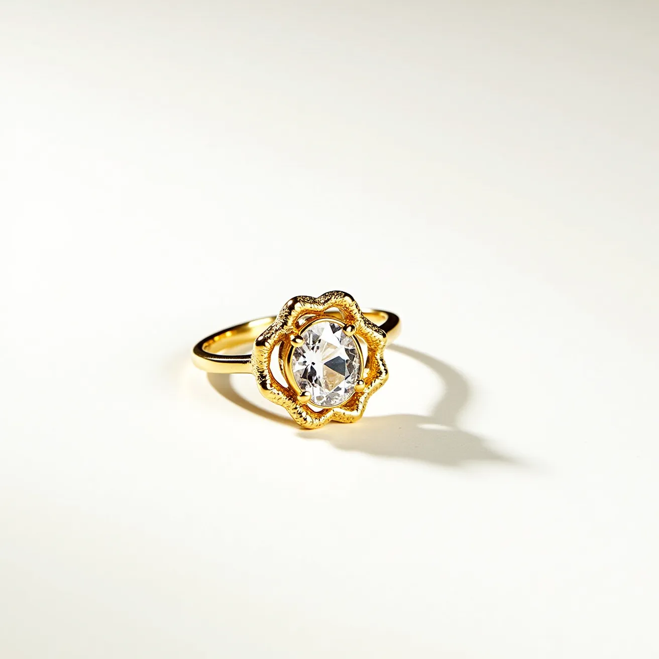 This moissanite ring features a central oval-cut gemstone that displays brilliant clarity and fire, set in a unique scalloped gold setting resembling a flower or petal design. The band is crafted from gold, offering a classic and elegant appearance that complements the central stone. The moissanite is held securely within the intricately shaped bezel setting, showcasing its size and cut without the need for additional clasps or attachments. The overall design highlights the sparkle and elegance of the moissanite, making it a striking piece of jewelry.