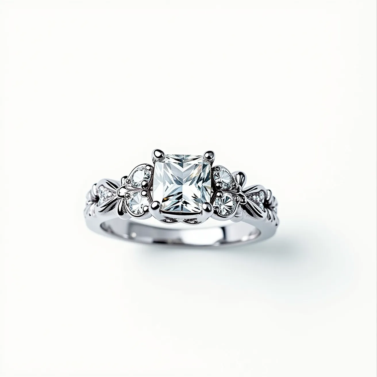 This moissanite ring features a radiant-cut central moissanite gemstone, prominently set in a four-prong setting. The band is made of a lustrous metal, likely white gold or platinum, which complements the brilliance of the central stone. Flanking the main gem are intricately arranged smaller stones and delicate metal designs, adding an extra layer of elegance and sparkle. The intricate detailing on the band enhances its overall aesthetic appeal and draws attention to the central moissanite, creating a balance between simplicity and intricacy.