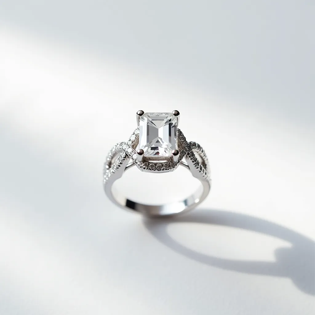 This moissanite ring features a stunning emerald-cut moissanite gemstone as the centerpiece, held securely by a four-prong setting. The band is intricately designed with a vintage-inspired motif, incorporating smaller accent stones that enhance its elegance and sparkle. The ring is crafted from a lustrous metal, likely platinum or white gold, which complements the brilliance of the moissanite. The attention to detail in both the setting and the band showcases skilled craftsmanship, making this piece both timeless and sophisticated.