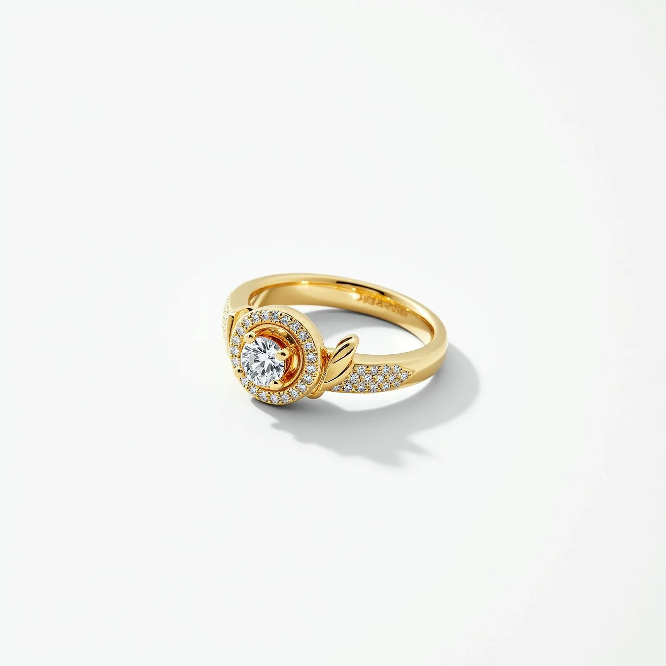 This moissanite ring features a central, brilliantly cut round moissanite stone set in a secure bezel. The band is crafted from a polished yellow metal, likely gold, which provides a warm contrast to the sparkling gem. Surrounding the central stone is a halo of smaller moissanites set in a pave setting, extending along part of the band to enhance its luminosity. The ring incorporates a decorative knot or twist detail adjacent to the central setting, adding a unique design element. The craftsmanship highlights the elegance and modernity of the piece, making it both eye-catching and intricate.