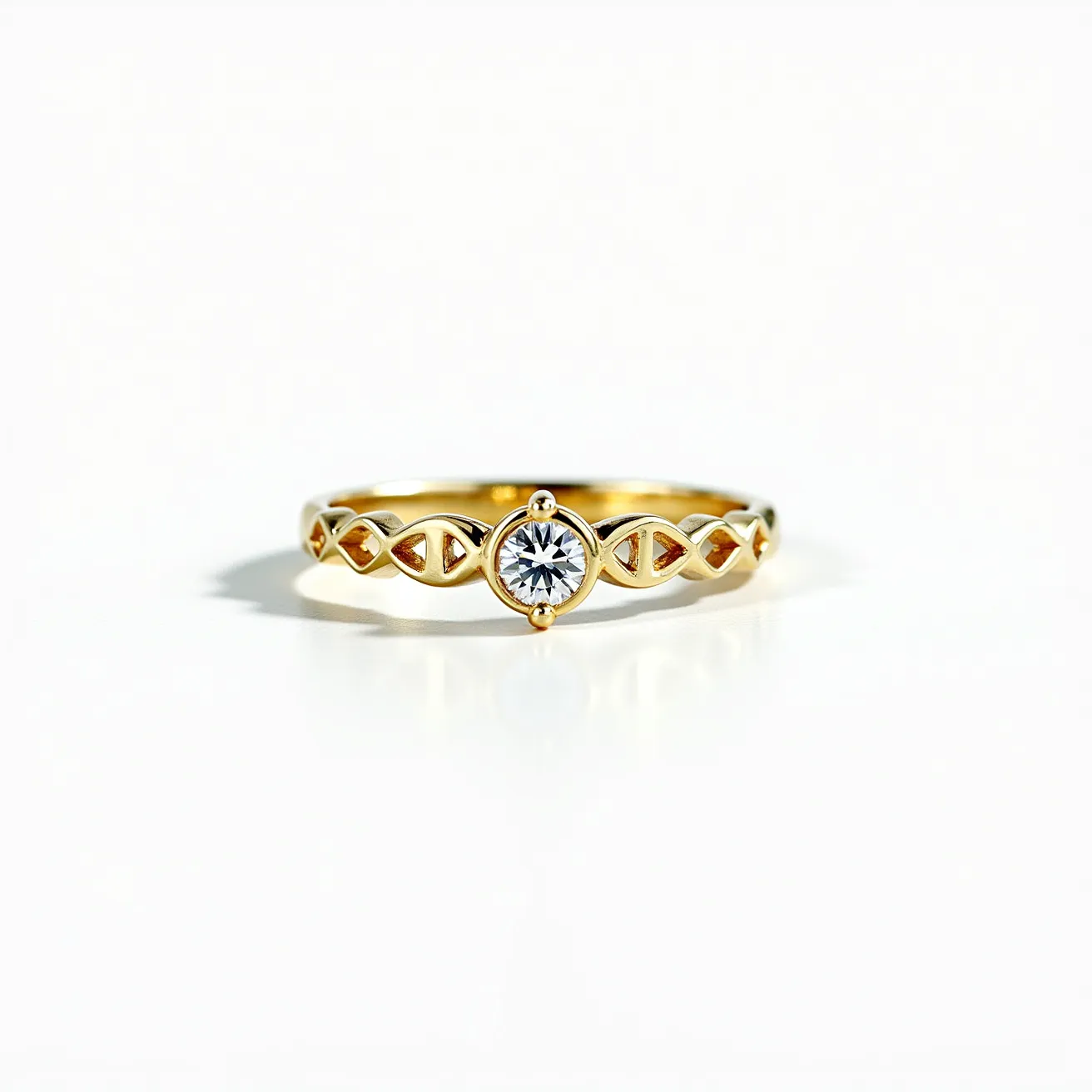 This moissanite ring features a central, round-cut moissanite gemstone set in a bezel setting. The band appears to be crafted from a yellow metal, likely gold, which is intricately designed with a twisted or infinity pattern. The setting securely holds the moissanite, enhancing its brilliance and showcasing the stone’s facets. The band’s elegant design complements the minimalistic yet sophisticated style of the ring, making it suitable for various occasions.