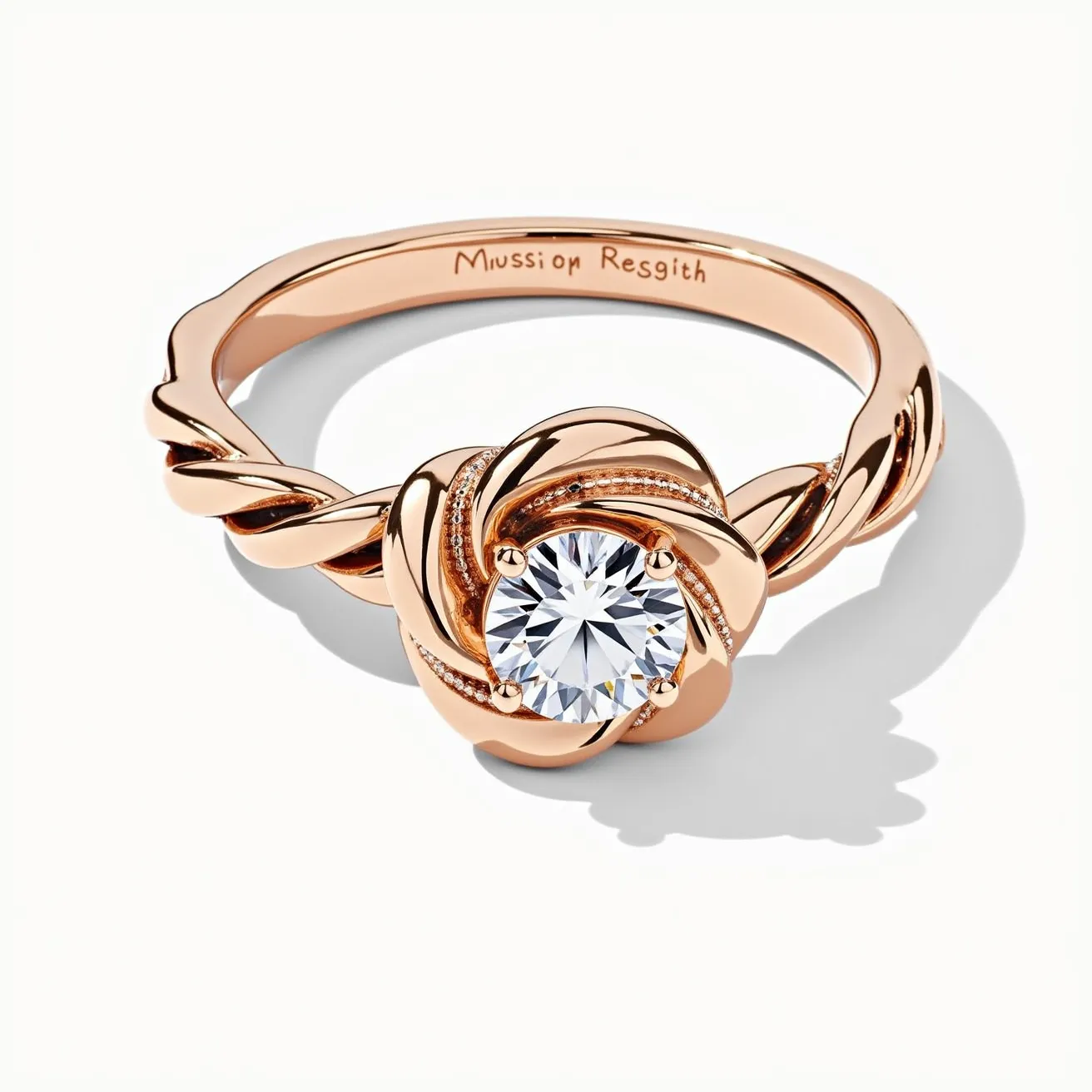 This moissanite ring features a singular round-cut moissanite gemstone as its centerpiece, secured within an elegant twisted setting that enhances its brilliance. The metal band appears to be made from rose gold, lending a warm and luxurious tone to the overall design. The setting showcases a modern yet sophisticated intertwining pattern that not only holds the stone securely with prongs but also adds a dynamic visual flair to the piece. The band is smooth, with a polished finish that complements the vibrancy of the gemstone. Overall, the ring combines classic elegance with contemporary design elements.