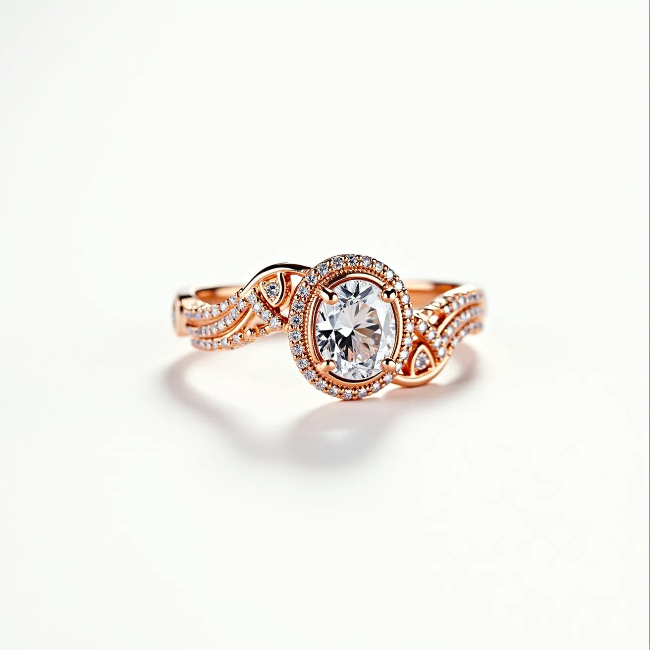 This moissanite ring features a central, oval-cut moissanite gemstone set in a rose gold band. The stone is surrounded by a halo of smaller round-cut moissanite stones that enhance its brilliance and draw attention to the central gem. The band itself is intricately designed with additional moissanite stones embedded along its surface, adding a luxurious sparkle. The setting securely holds the gem with four prongs, ensuring stability and elegance. The rose gold provides a warm, rich backdrop that complements the scintillating moissanite stones, creating a harmonious and eye-catching design.