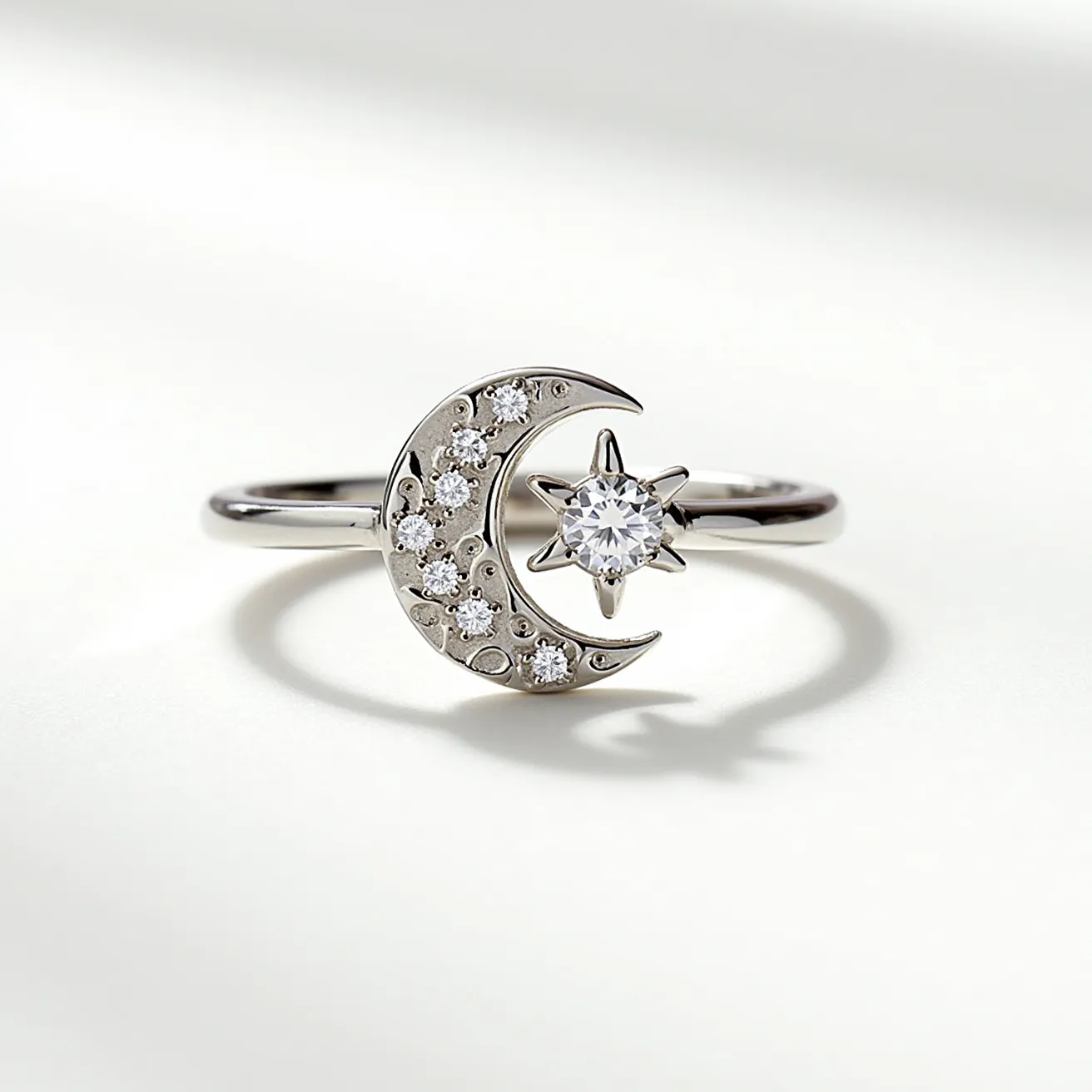 This moon ring features a sleek, polished band crafted from silver or white gold, elegantly designed in the shape of a crescent moon. The moon is adorned with multiple small, round-cut diamonds set in a pavé style, enhancing its celestial motif with a sparkling finish. Adjacent to the crescent is a star-like form holding a larger, round-cut diamond in a prong setting, adding a focal point of brilliance and contrast. The combination of these elements gives the ring a balanced and harmonious celestial aesthetic, accentuated by the seamless integration of the gemstones with the precious metal.